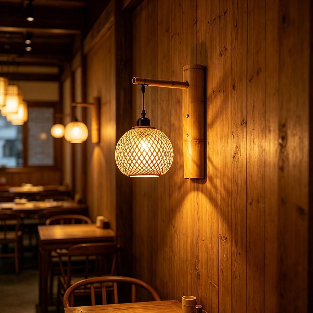 Indoor Bamboo Woven Wall Lamp Handwoven Rattan Wall Light E27 Retro Boho Wall Sconce Rustic Bamboo Lantern Light Fixture Farmhouse Wall Lighting for Living Room/Bedroom(A)