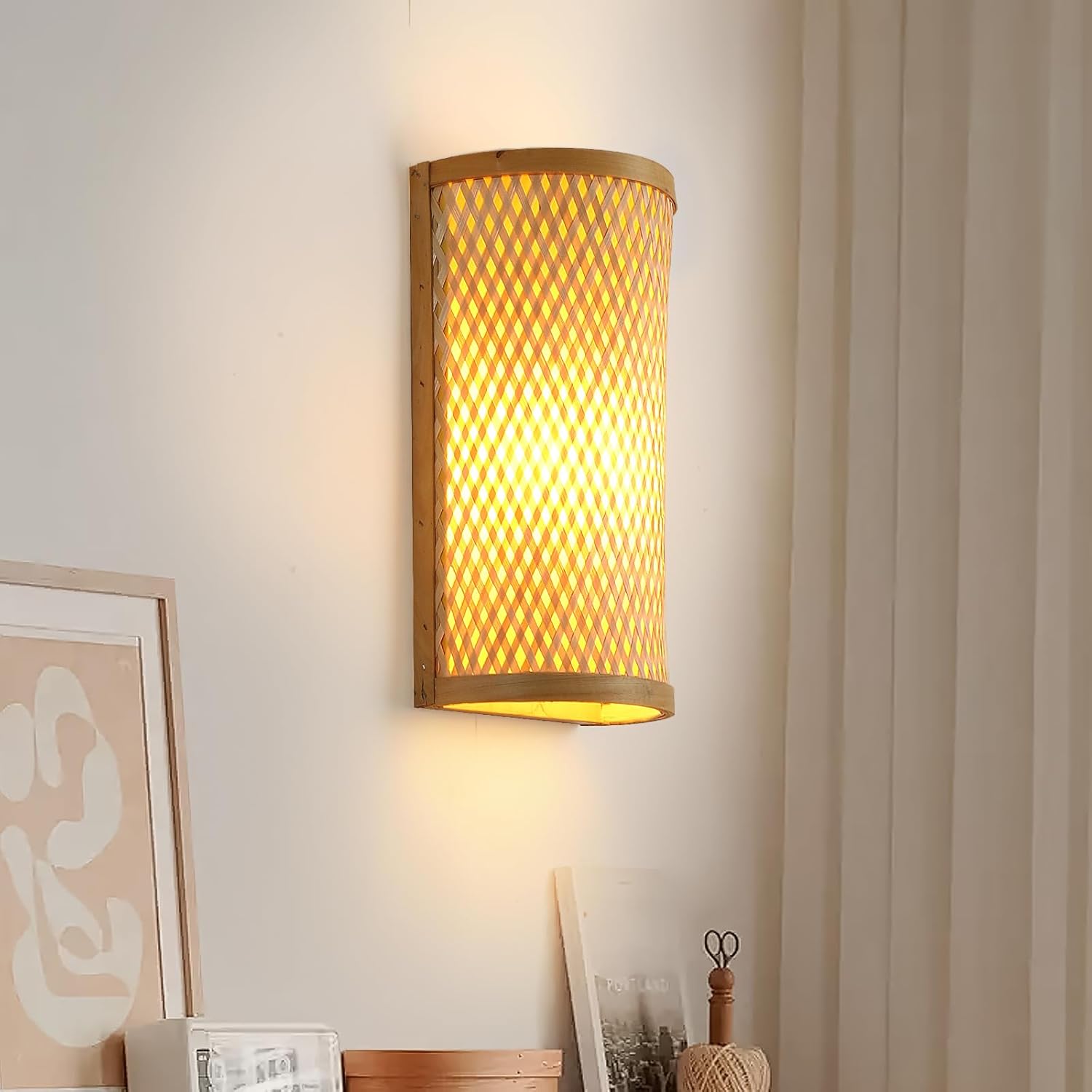 Wall Lights Bamboo Wood,Boho Lamp Wall Lights for Living Room Vintage Rustic Decor E27 Hand Woven Wall Light for House Bedroom Bedside