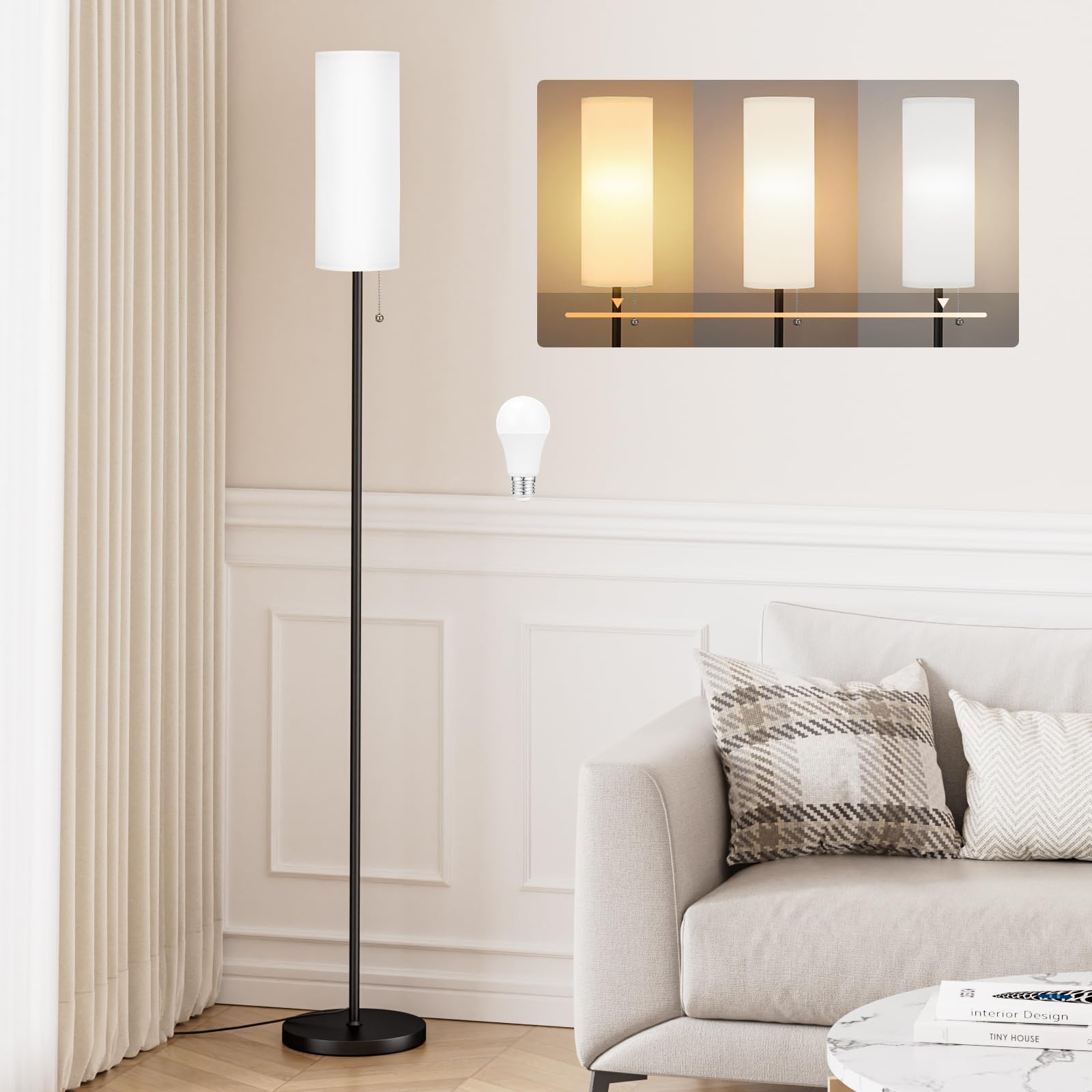 Aooshine Beige Floor Lamp for Living Room, 64" Standing lamp for Bedroom, Beige Shade & Brown Pole(Bulb Included)