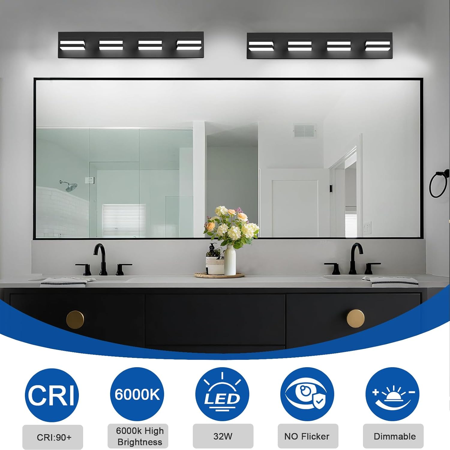 IZORRO Modern LED Bathroom Light Fixtures (4 Lights, Dimmable) Matte Black Acrylic Wall Lighting, Bathroom Vanity Lights Over Mirror - 6000K 24 Inch (No Assembly Required)
