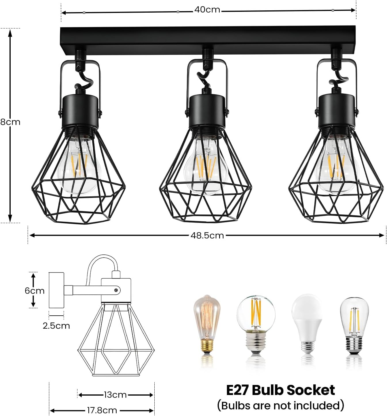 Epinl Bathroom Vanity Light Fixtures: 3 Lights 90° Rotatable Black Wall Lights Over Mirror with Metal Shade, E27 48CM Vintage Farmhouse Indoor Bathroom Lighting Fixture for Bedroom Living Room