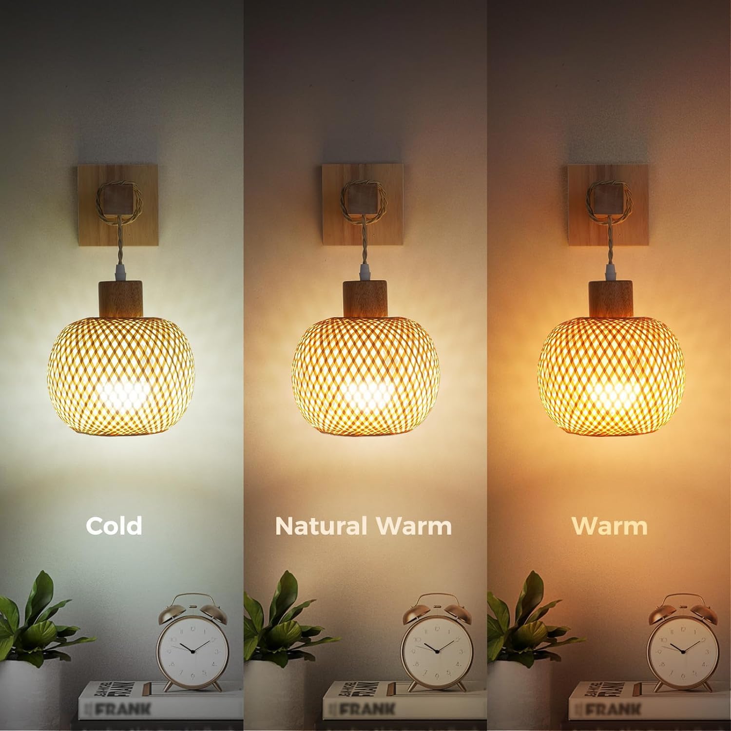 Retro Indoor Wall Lamp, E27 Vintage Wooden Wall Light with Rattan Lampshade, Cage Wall Sconce Lighting for Living Room, Bedroom, Corridor, Dining Room, Max 60W (Without Light Bulb)