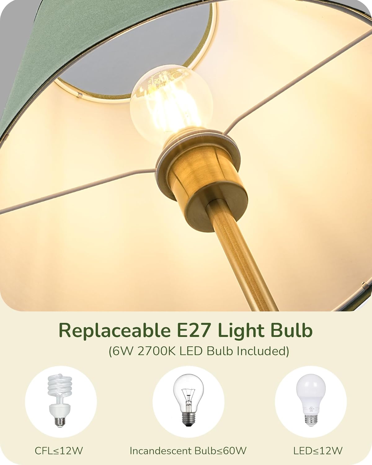 EDISHINE Retro Floor Lamp for Living Room, Tall LED Standing Lamp with Linen Lampshade, E27 Base, Foot Switch, 2700K Bulb Included, Gray Green