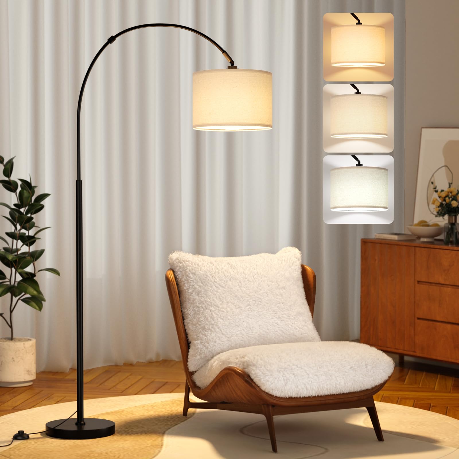 Arc Floor Lamp, Standing Lamp with Remote Control, Modern Floor Lamp for Living Room with Dimmable 3 Color Temperatures, Tall Lamp Corner Lamp for Bedroom Office Dorm Room, Bulb Included