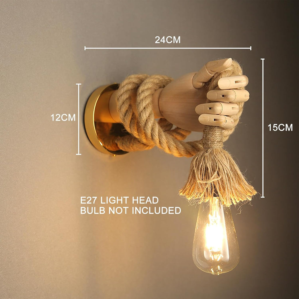 Wooden Hand Shape Wall Light, E27 Rustic Rope Lighting Fixtures, Unique Art Decor Wall Lamp for Bedroom, Restaurant, Living Room, Hallway (Left Hand)