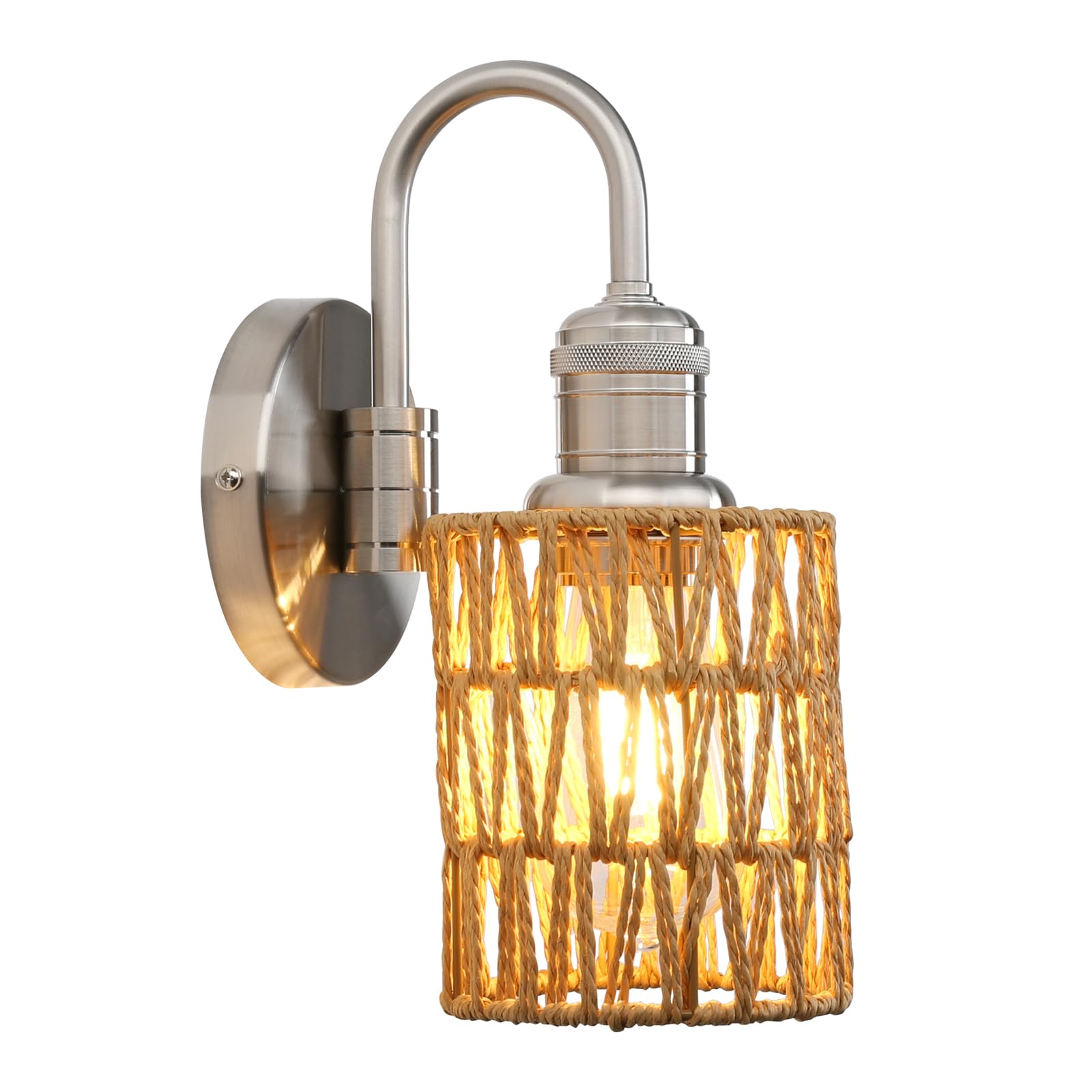 1-Light Vintage Rattan Shade Gooseneck Wall Sconce, Hardwired Lamp for Hallway Bedroom Living Room