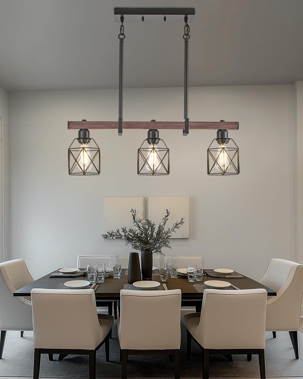 Industrial Pendant Light Fixture, 3-Light Kitchen Island Lighting with Wood Grain Bar and Black Metal Cage, Farmhouse Rustic Hanging Ceiling Lamp for Dining Room, Living Room