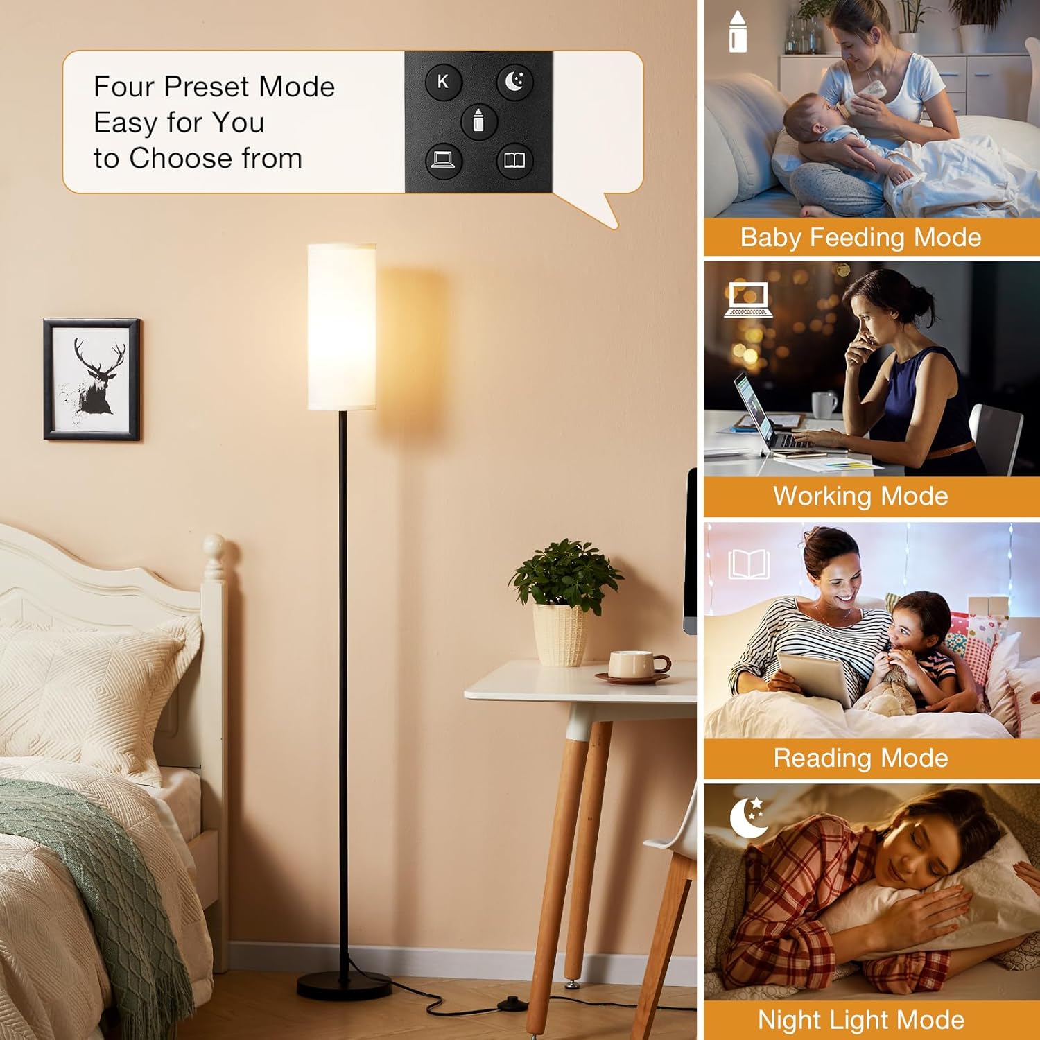 64" Modern Floor Lamp, Remote Controlled Stepless Dimmable Lamp for Living Room Bedroom Office, 9W Bulb Included