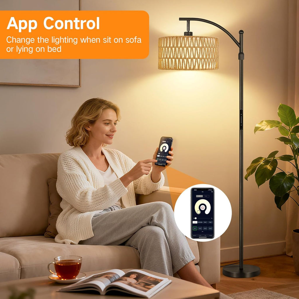 OUTON Floor Lamp with Rattan & Linen Double Shades, 12W 1080LM, Height Adjustable, Touch Control & Remote & App Control, Dimmable & 3000K-6500K, LED Tall Boho Standing Lamp for Living Room, Bedroom