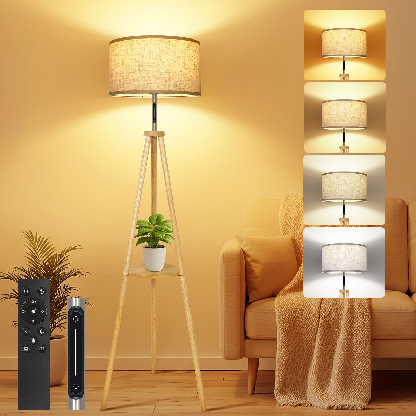 OUTON Solid Wooden Tripod Floor Lamp, Touch Control, Standing Lamp with Remote Control, Dimmable & 4 Color Temperatures, 1H Timer, LED Floor Lamp with Storage Shelf Linen Shade for Living Room Bedroom