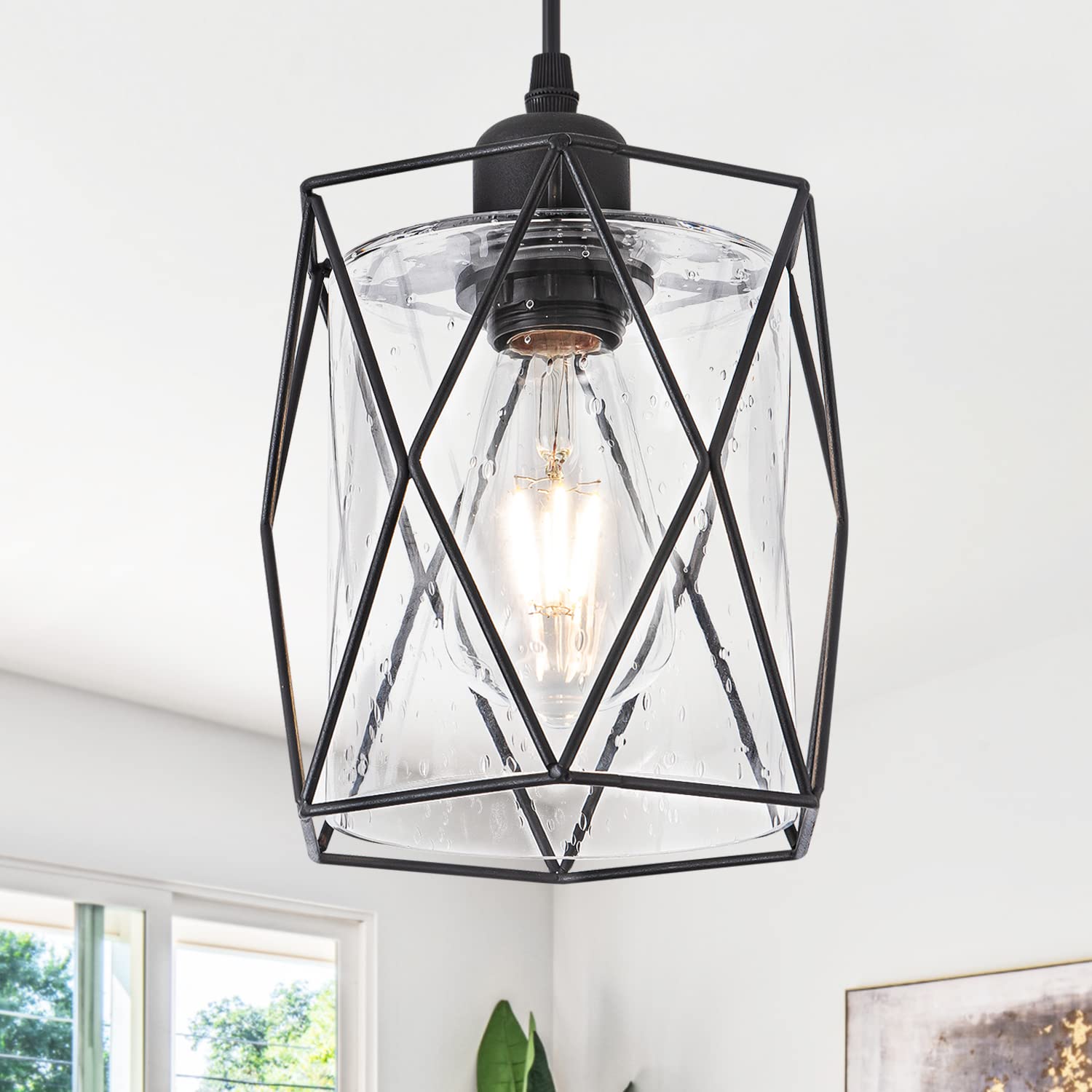 Farmhouse Black Pendant Light with Seeded Glass Industrial Cage Blown Clear Bubble Glass Hanging Lighting Adjustable Cord for Kitchen Island Over Sink Hallway