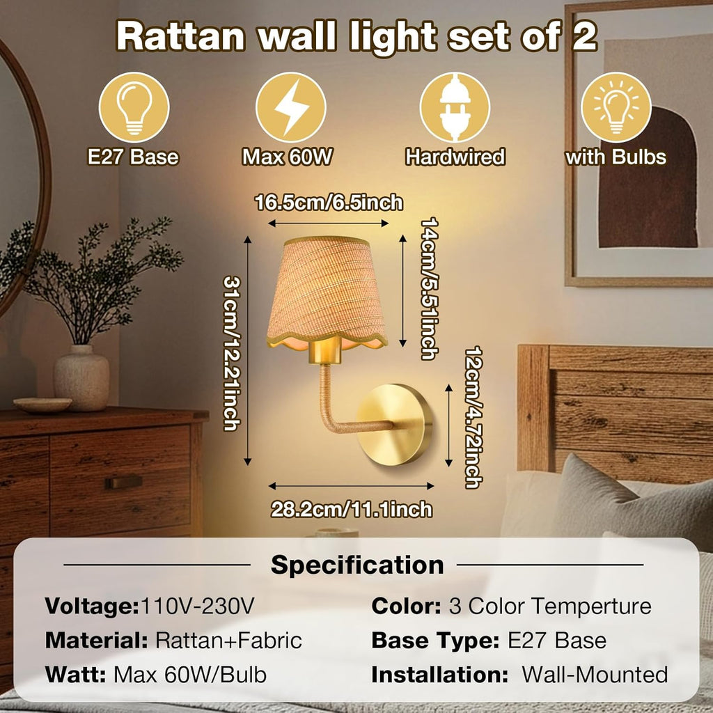 Rattan Wall Light for Living Room Bedroom Set of 2 with E27 Led Bulb,Rustic Rattan Wall Lamp,Handmade Farmhouse Lampshade Wall Sconce for Kitchen Island Dining Room Bedroom Hall