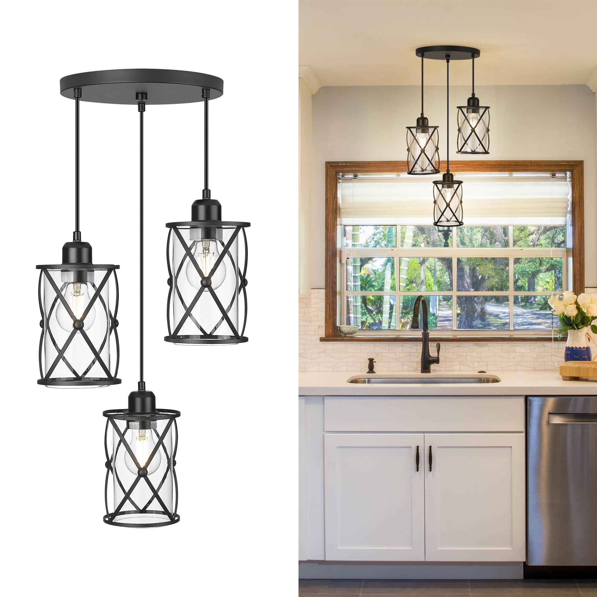 Glass Pendant Lights Kitchen Island 2 Pack, Black Mini Pendant Light with Clear Glass, Farmhouse Industrial Cage Hanging Lighting for Kitchen Sink Dining Room Bathroom, CH9176-1-2PK