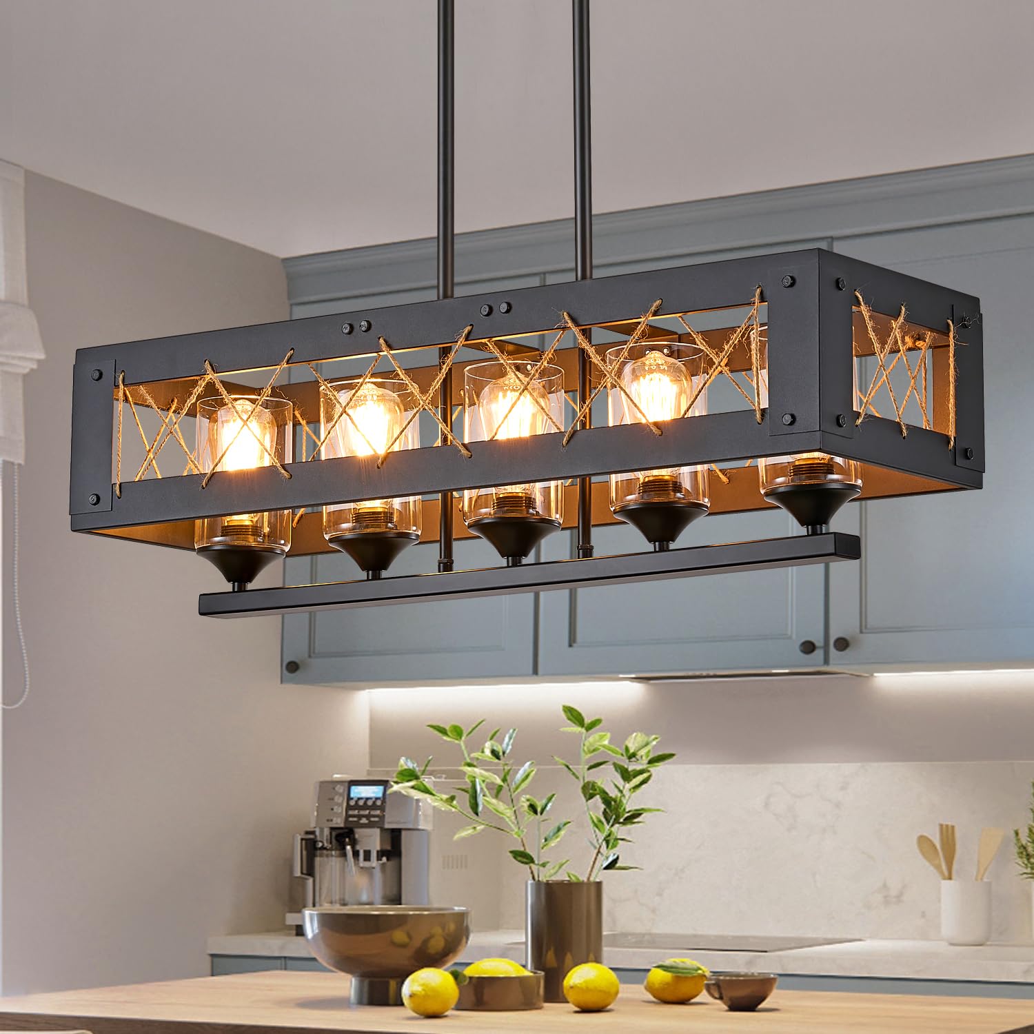 Industrial Pendant Light Fixture, 3-Light Kitchen Island Lighting with Wood Grain Bar and Black Metal Cage, Farmhouse Rustic Hanging Ceiling Lamp for Dining Room, Living Room
