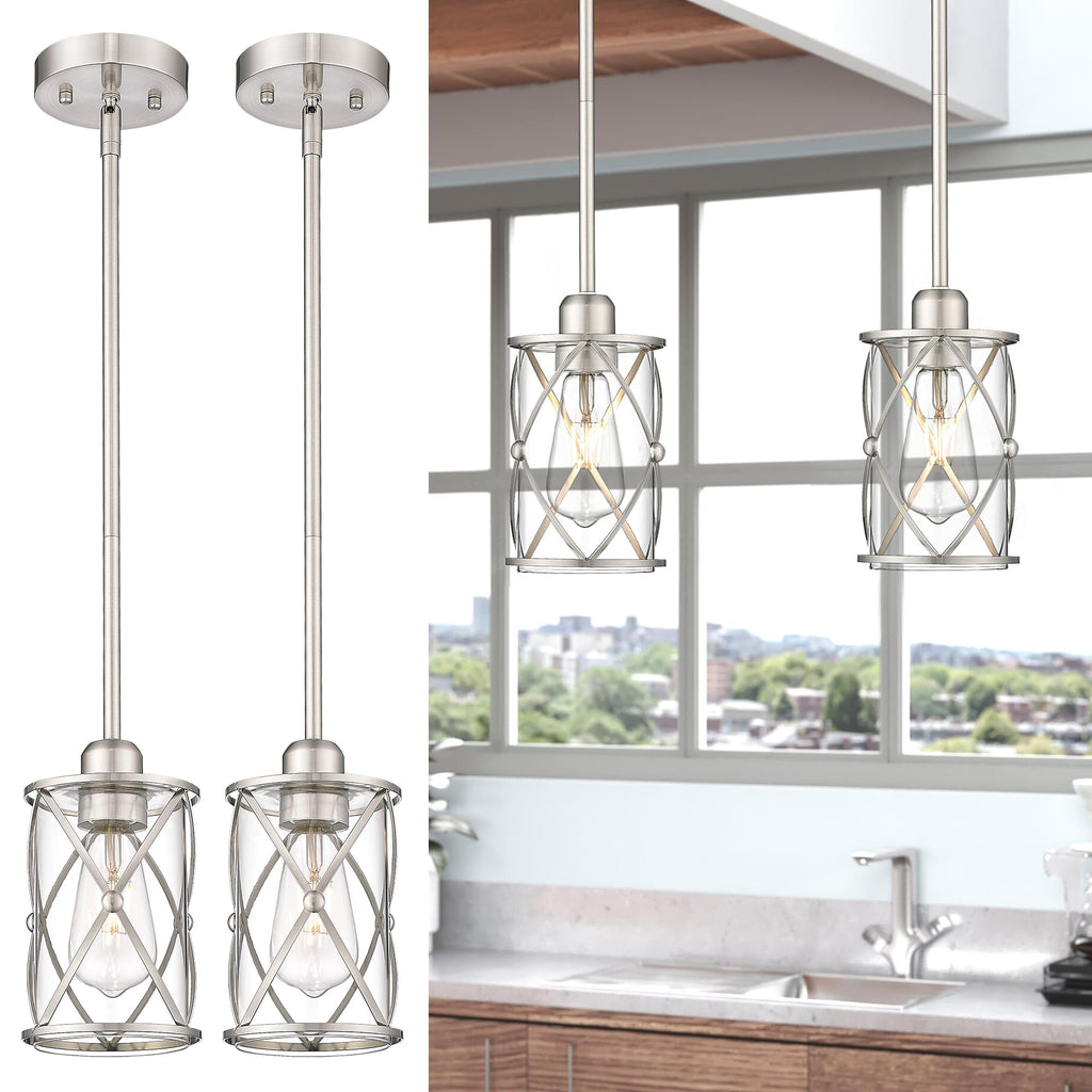 Glass Pendant Lights Kitchen Island 2 Pack, Black Mini Pendant Light with Clear Glass, Farmhouse Industrial Cage Hanging Lighting for Kitchen Sink Dining Room Bathroom, CH9176-1-2PK