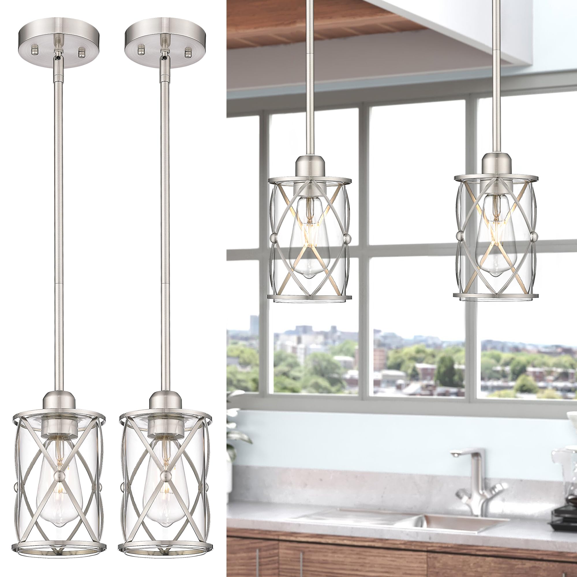 Glass Pendant Lights Kitchen Island 2 Pack, Black Mini Pendant Light with Clear Glass, Farmhouse Industrial Cage Hanging Lighting for Kitchen Sink Dining Room Bathroom, CH9176-1-2PK
