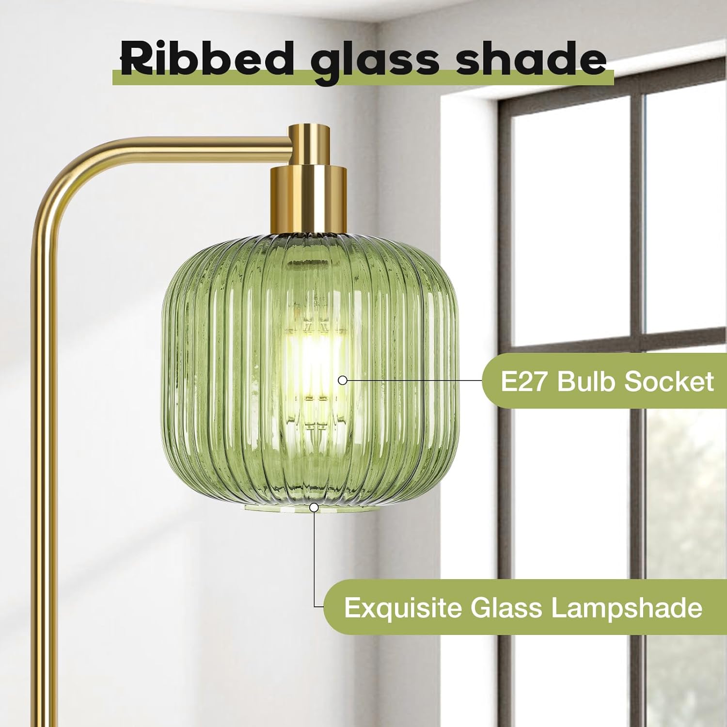 BTTO Floor Lamps for Living Room, Vintage Standing Lamp with Glass Lampshade, 170cm Gold Tall Lamps Standard Lamps with Foot Switch for Bedroom, Living Room, Office, E27 Sockets (Bulb Included)