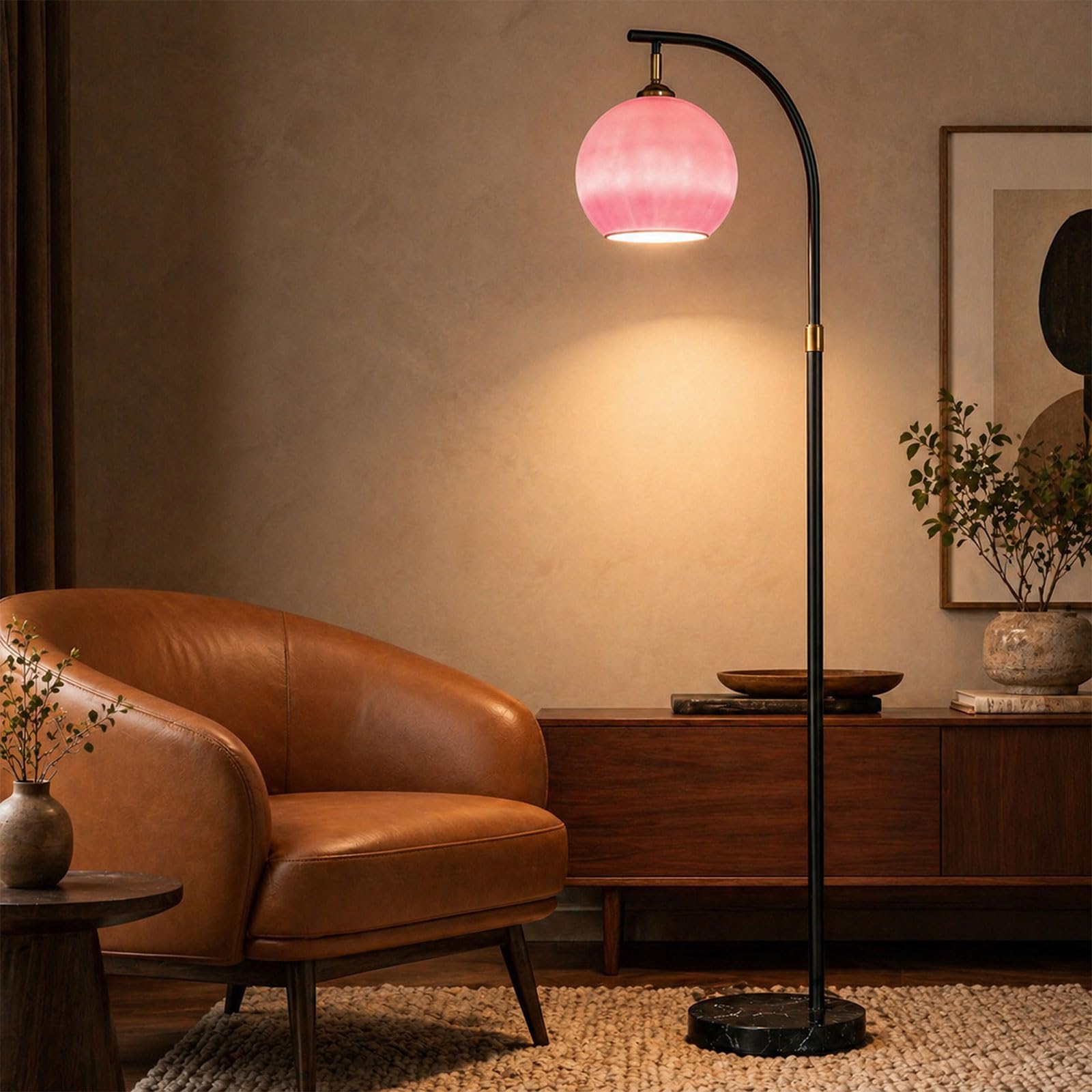 Nordic Orange Glass Floor Lamp Arc Height Adjustable Floor Light Marble Base Tall Lamp with Globe Glass E26 Dimmable Standing Fixtures for Living Room Sofa Area Study Bedroom