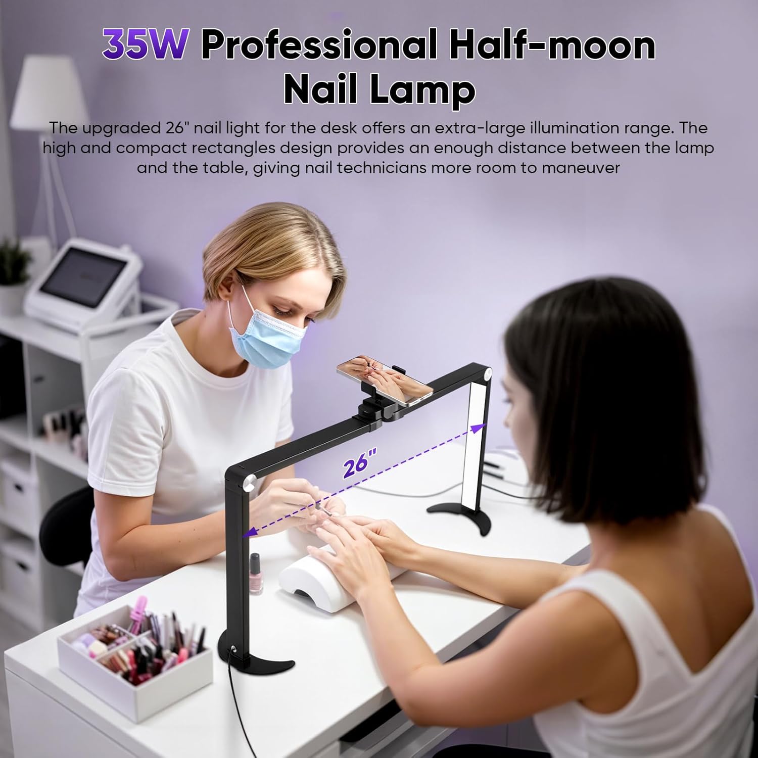 35W Half Moon Lamp 26inch Square Nail Desk Lamp with Phone Holder, Foldable LED Nail Table Light 3000K-6000K Dimmable for Nail Tech, Lash Eyelash Extension, Tattoo, Eyebrows, Black