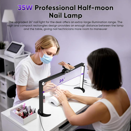 35W Half Moon Lamp 26inch Square Nail Desk Lamp with Phone Holder, Foldable LED Nail Table Light 3000K-6000K Dimmable for Nail Tech, Lash Eyelash Extension, Tattoo, Eyebrows, Black