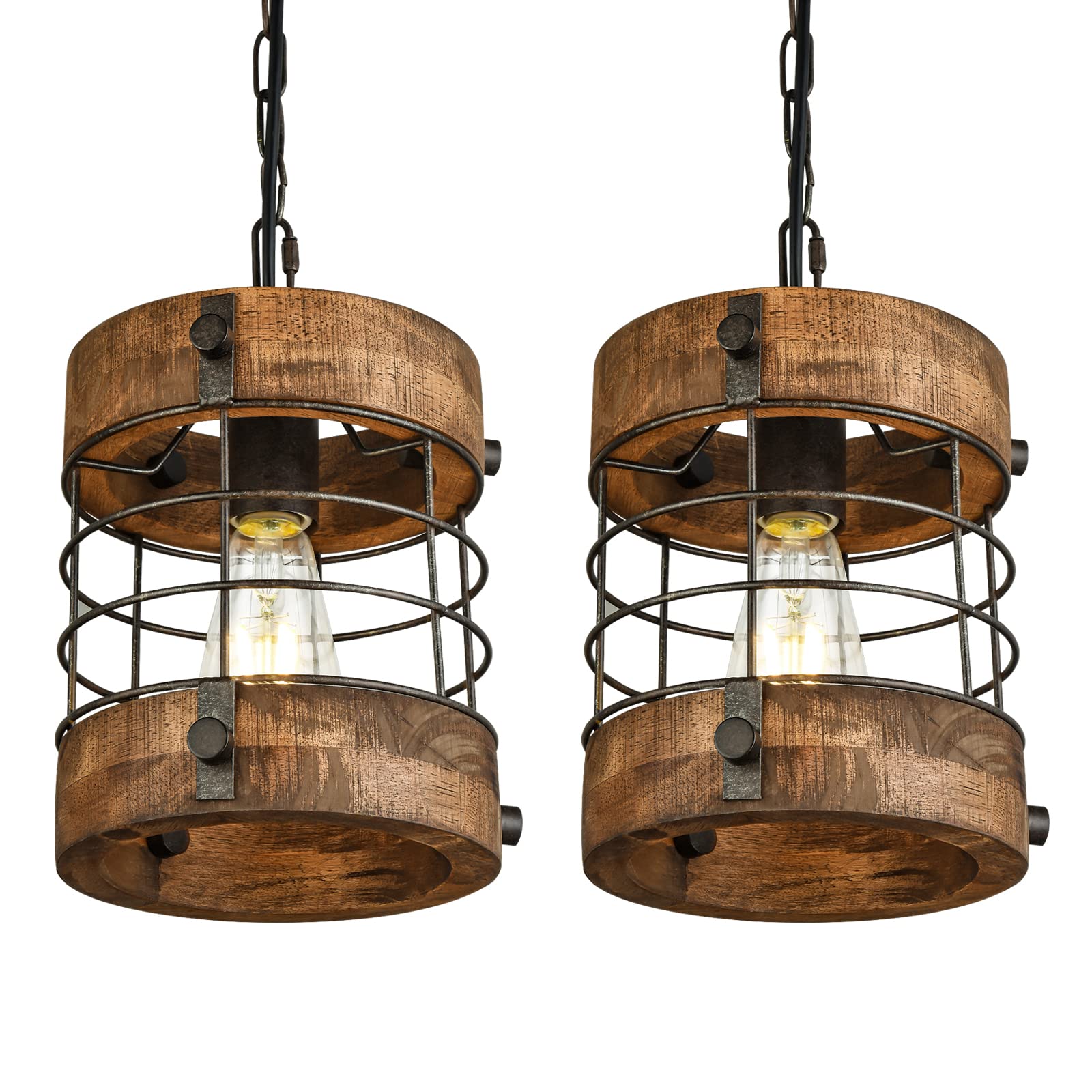 Retro Industrial Metal and Wood Farmhouse Chandeliers, 1-Light Round Cage Pendant Light Fixtures for Farmhouse Kitchen Island Foyer Hallway Bar Dining Room Restaurant, Brown, 2 Pack