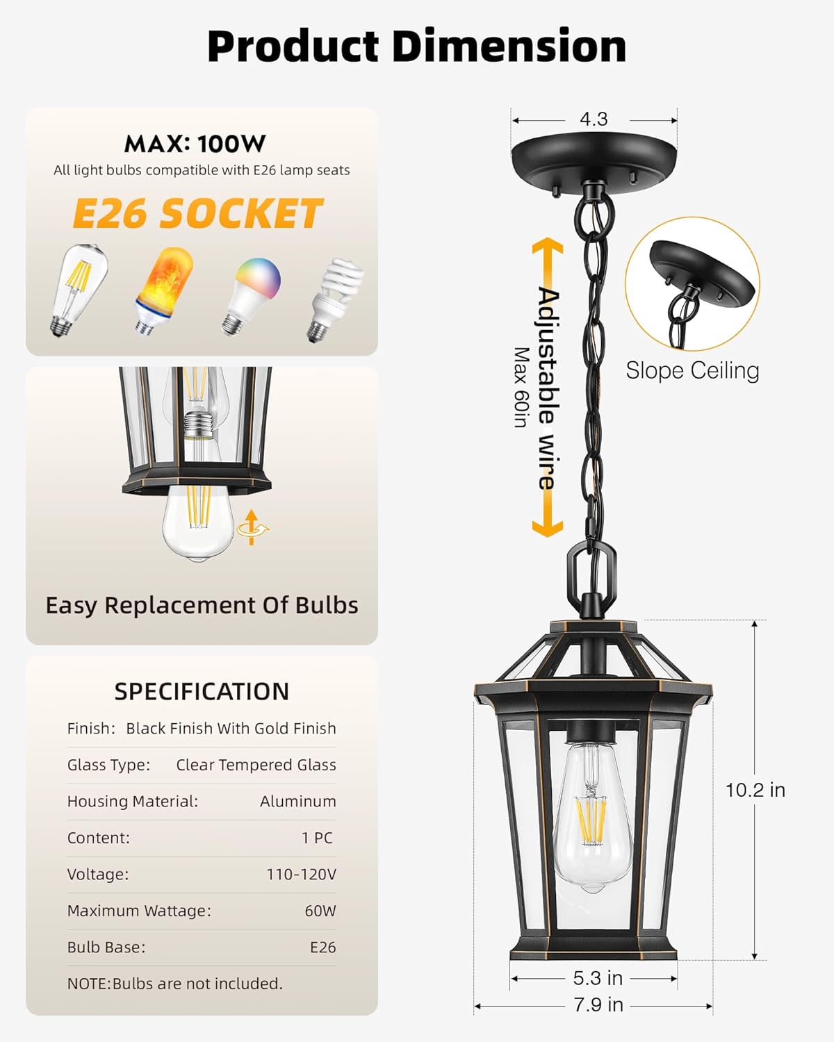 VIANIS Outdoor Pendant Light Fixtures for Porch, Exterior Ceiling Hanging Lanterns, Anti-Rust Waterproof Farmhouse Outdoor Chandelier, Black Gold Aluminum with Tempered Glass for Entryway, 1 Pack