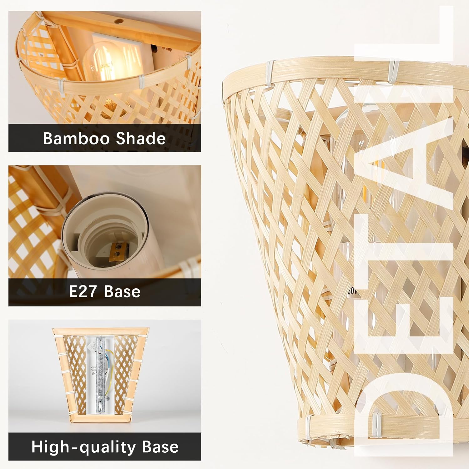 Boho Bamboo Wall Lamp, Handmade Basket Shape Vintage Sconce E27 for Living Room Bedroom Dining Room