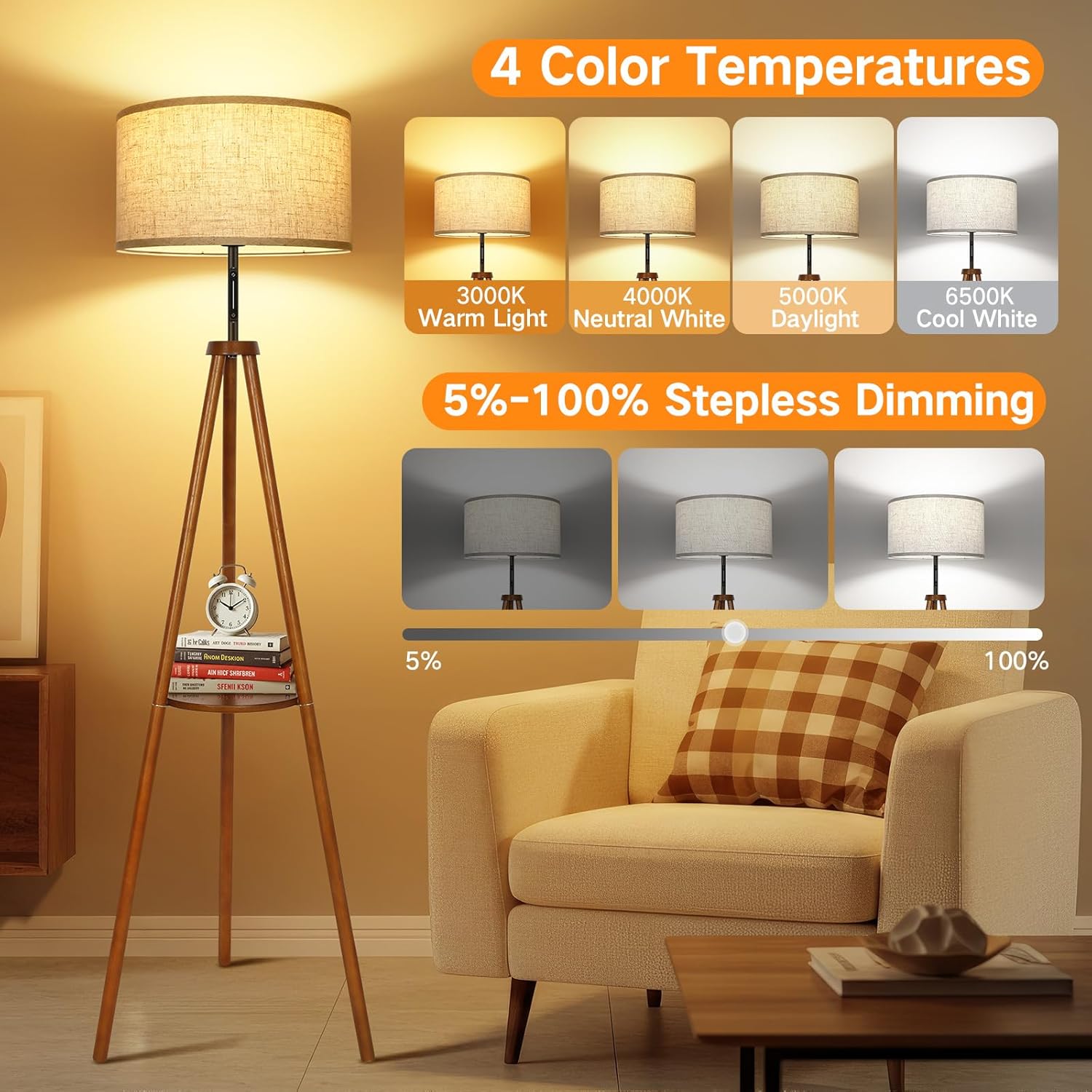 OUTON Solid Wooden Tripod Floor Lamp, Touch Control, Standing Lamp with Remote Control, Dimmable & 4 Color Temperatures, 1H Timer, LED Floor Lamp with Storage Shelf Linen Shade for Living Room Bedroom