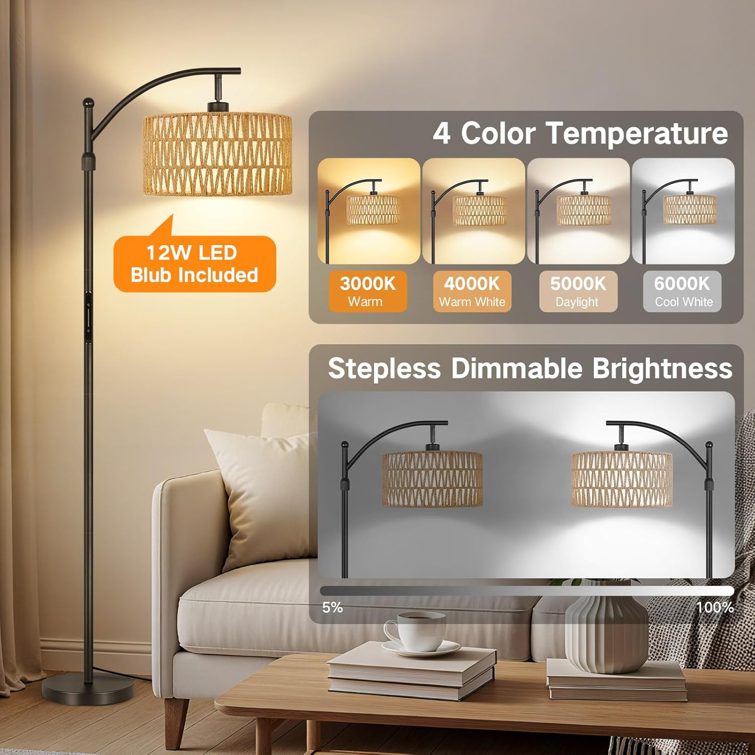 OUTON Floor Lamp with Rattan & Linen Double Shades, 12W 1080LM, Height Adjustable, Touch Control & Remote & App Control, Dimmable & 3000K-6500K, LED Tall Boho Standing Lamp for Living Room, Bedroom
