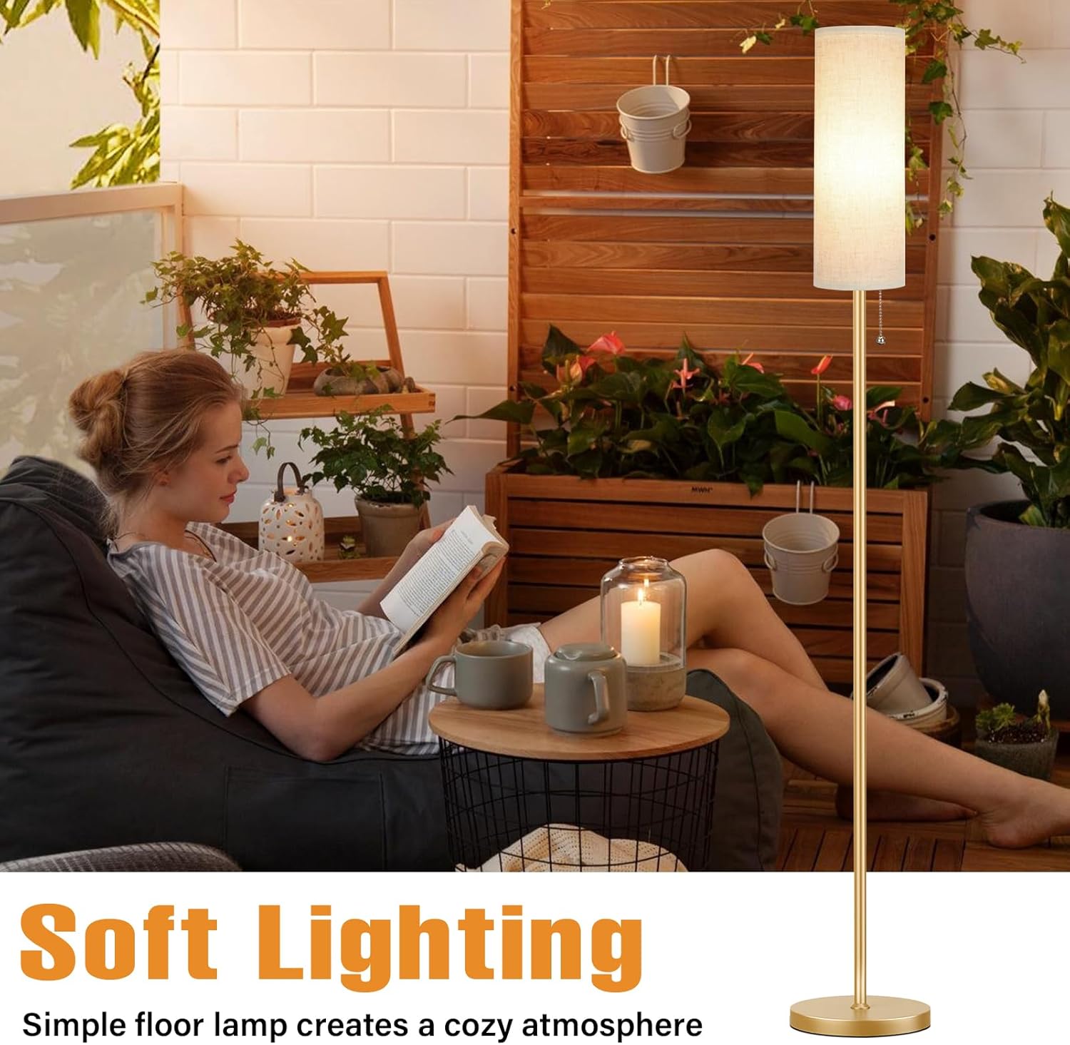 Aooshine Beige Floor Lamp for Living Room, 64" Standing lamp for Bedroom, Beige Shade & Brown Pole(Bulb Included)