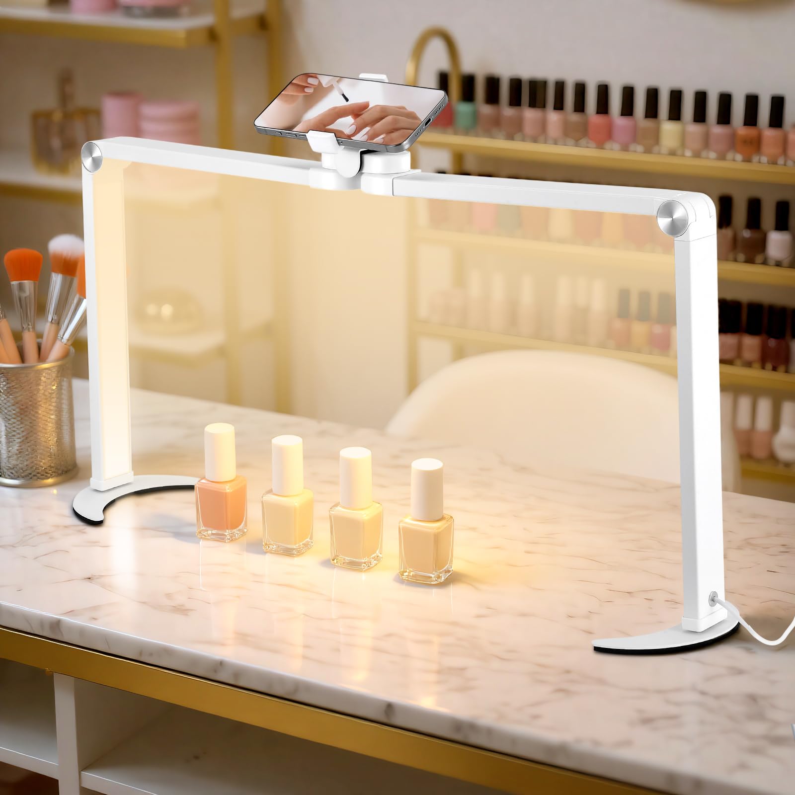 35W Half Moon Lamp 26inch Square Nail Desk Lamp with Phone Holder, Foldable LED Nail Table Light 3000K-6000K Dimmable for Nail Tech, Lash Eyelash Extension, Tattoo, Eyebrows, Black