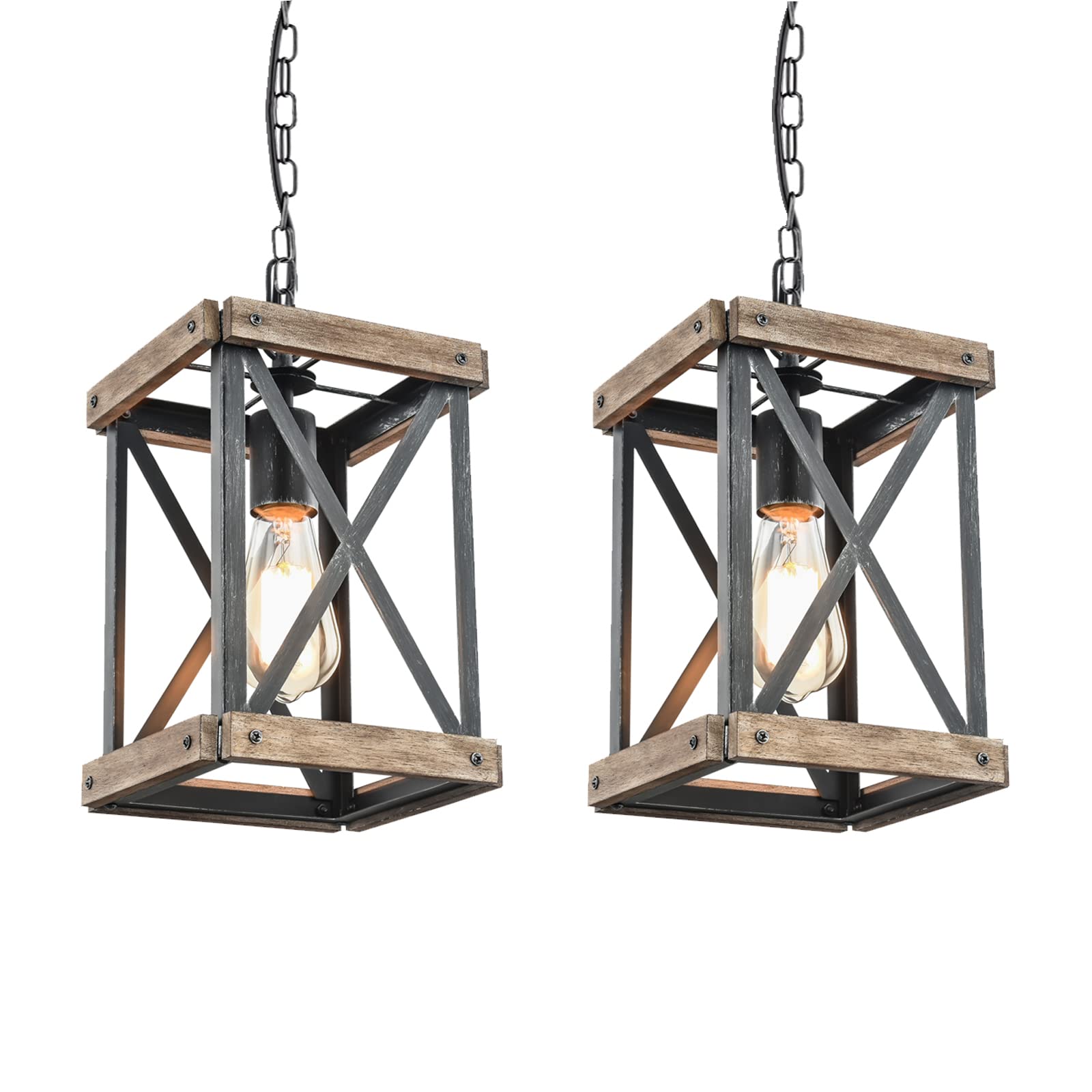 Retro Industrial Metal and Wood Farmhouse Chandeliers, 1-Light Round Cage Pendant Light Fixtures for Farmhouse Kitchen Island Foyer Hallway Bar Dining Room Restaurant, Brown, 2 Pack