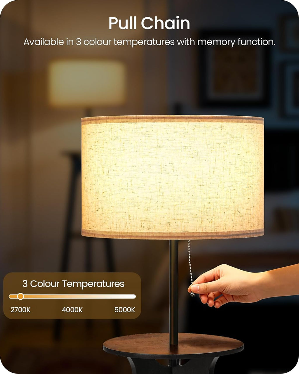 Floor Lamp, Corner Floor Lamp, Floor Lamp with 3 Shelves, Wood Tripod Floor Lamp with Linen Lampshade, for Living Room, Bedroom, Study, and Office, Beige and Black ZBE25LDK05