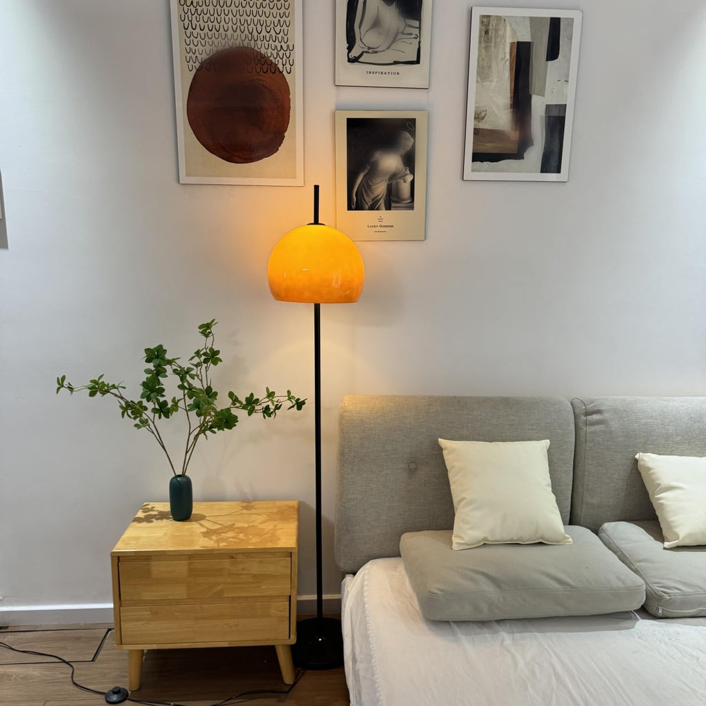 Bauhaus Style Orange Glass Floor Lamp Dome Shaped Mid Century Modern Mushroom Standing Lamp Art Deco Tall Lamp Nordic Floor Light for Living Room Bedroom - Black Base