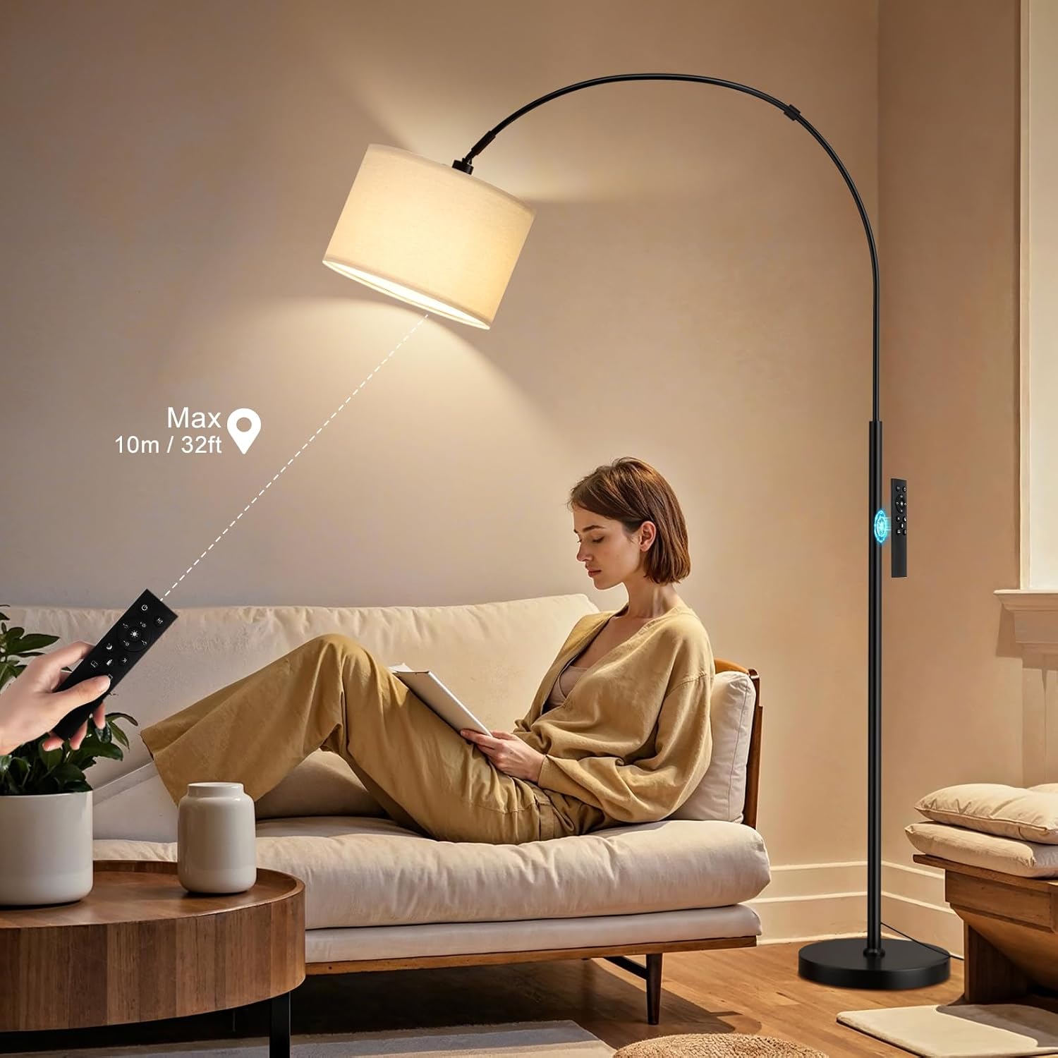 Arc Floor Lamp, Standing Lamp with Remote Control, Modern Floor Lamp for Living Room with Dimmable 3 Color Temperatures, Tall Lamp Corner Lamp for Bedroom Office Dorm Room, Bulb Included