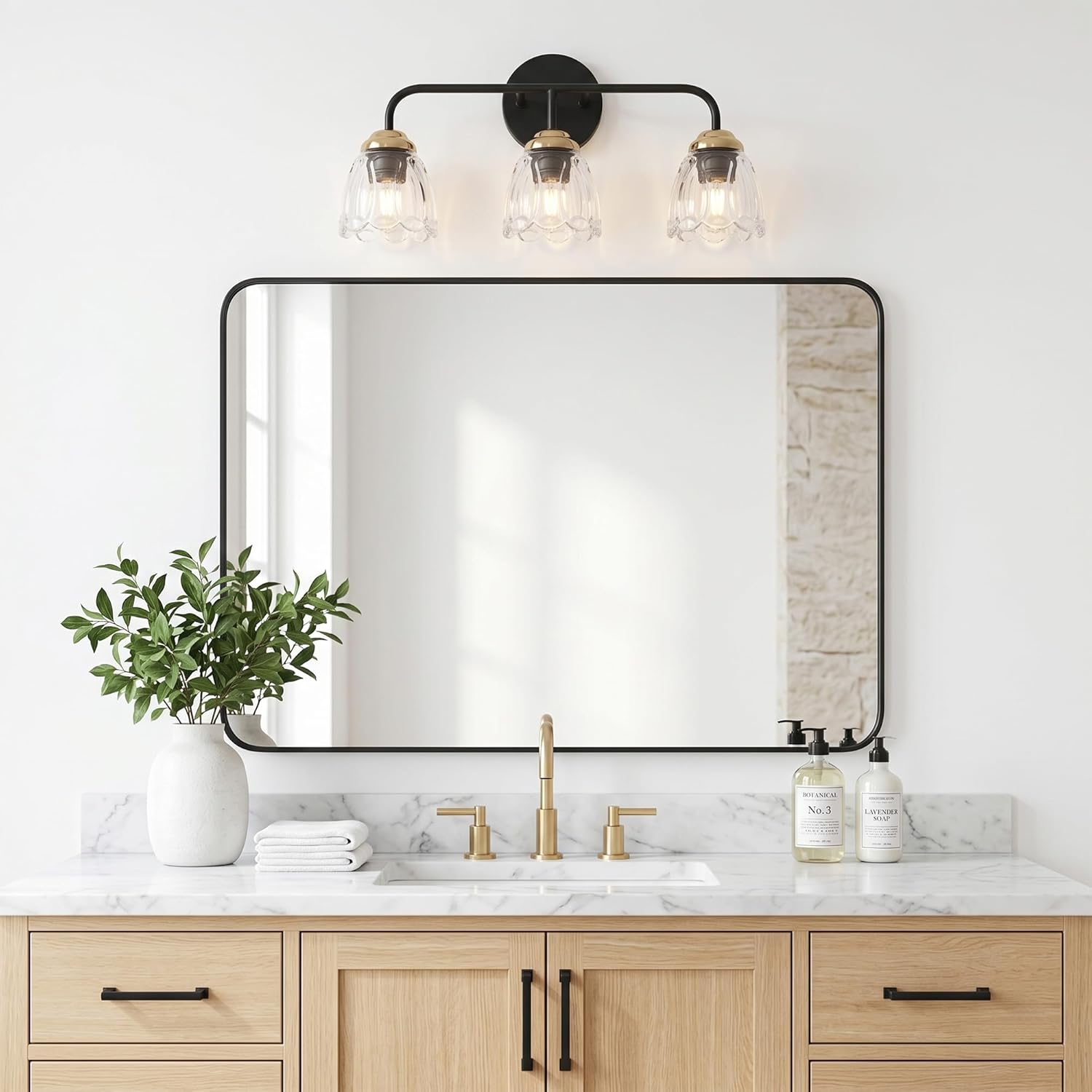 3-Light Black and Gold Vanity Light with Glass Shades, E12 Base Bathroom Wall Lighting Fixture, Up/Down Mountable Modern Wall Sconce for Bathroom Mirror Bedroom Hallway