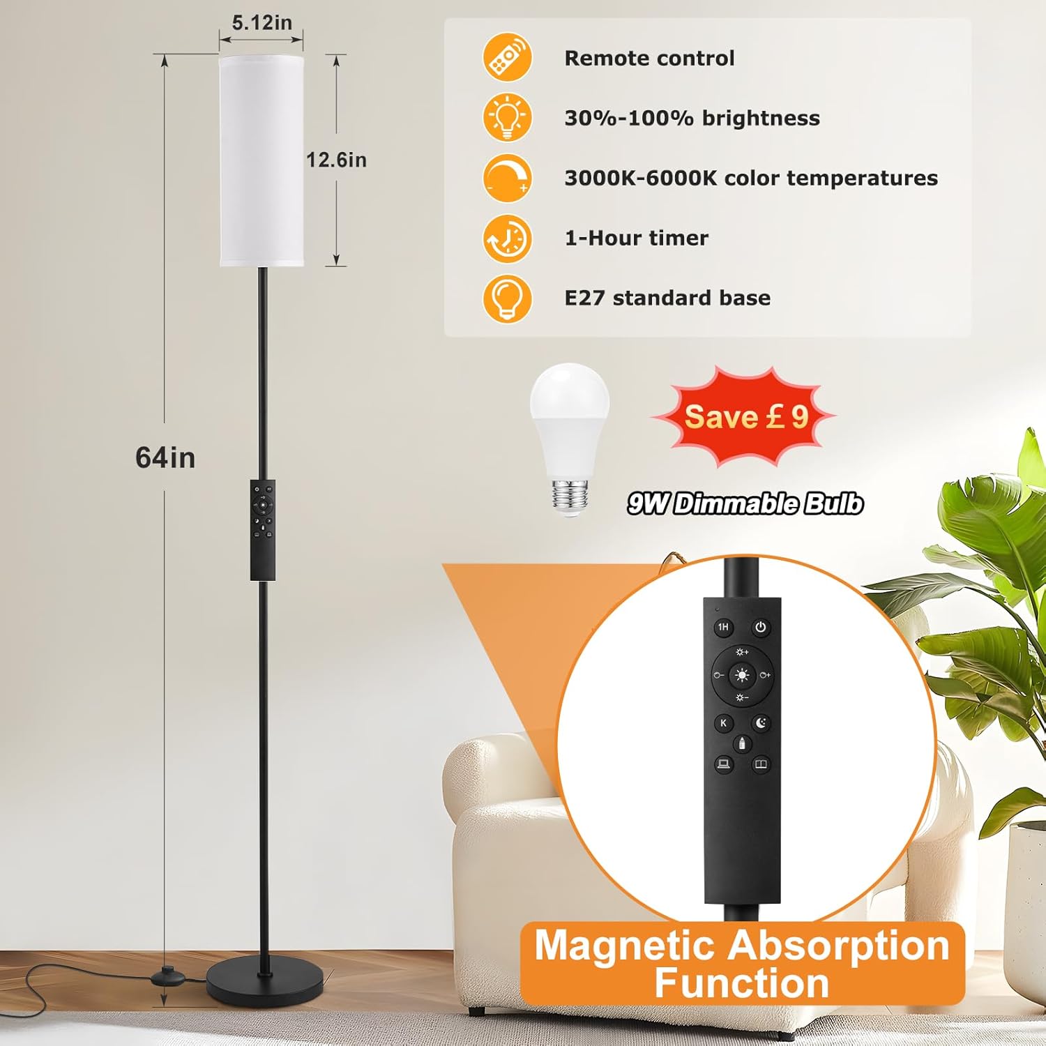 64" Modern Floor Lamp, Remote Controlled Stepless Dimmable Lamp for Living Room Bedroom Office, 9W Bulb Included