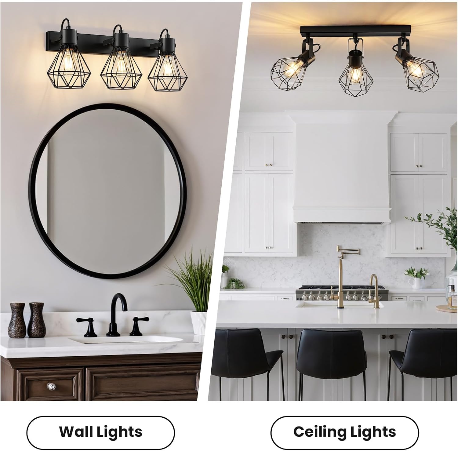 Epinl Bathroom Vanity Light Fixtures: 3 Lights 90° Rotatable Black Wall Lights Over Mirror with Metal Shade, E27 48CM Vintage Farmhouse Indoor Bathroom Lighting Fixture for Bedroom Living Room
