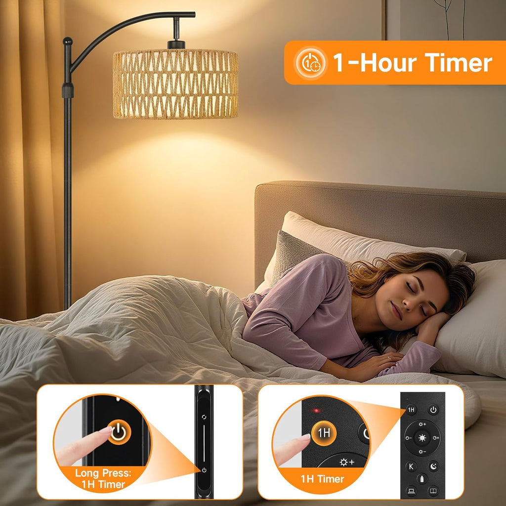 OUTON Floor Lamp with Rattan & Linen Double Shades, 12W 1080LM, Height Adjustable, Touch Control & Remote & App Control, Dimmable & 3000K-6500K, LED Tall Boho Standing Lamp for Living Room, Bedroom