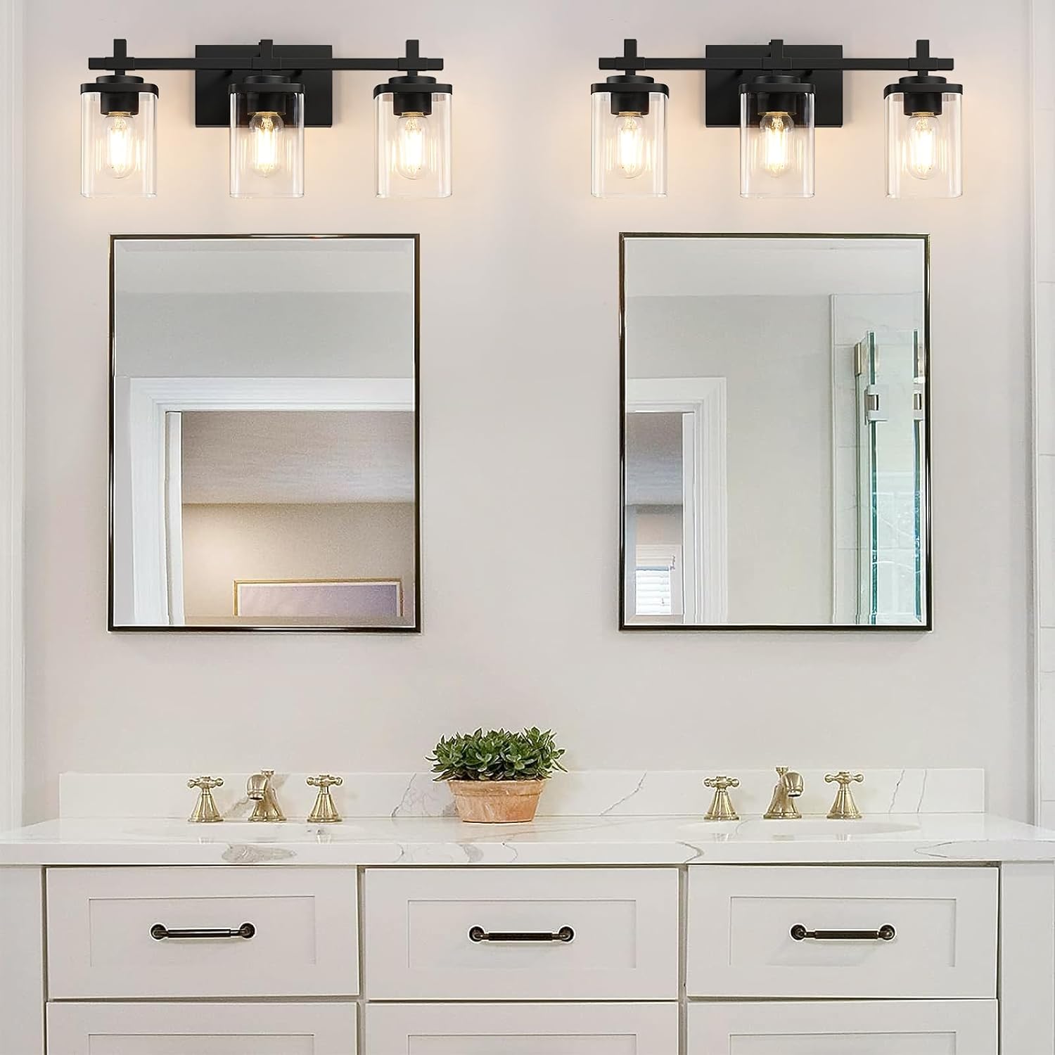 3-Lights Bathroom Vanity Light Fixtures, Modern Black Vanity Lights Over Mirror with Clear Glass Shade for Bathroom, Wall Mounted Lamp for Bedroom Hallway Living Room