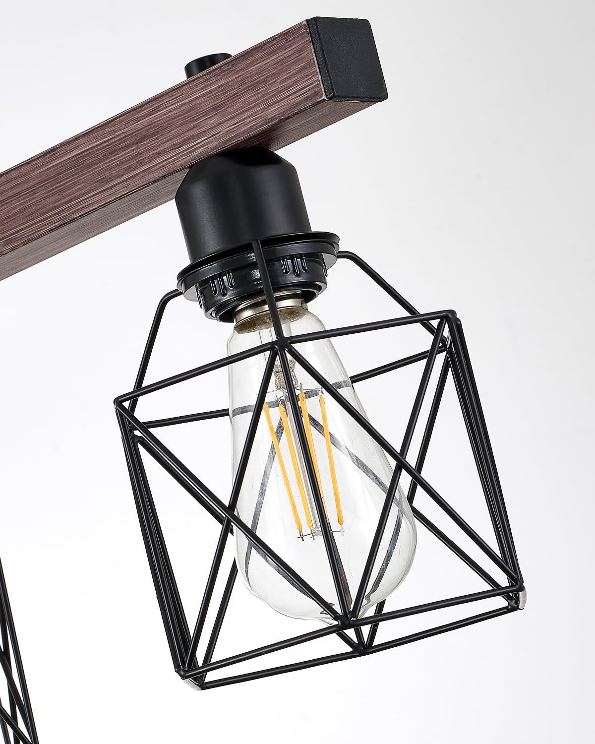 Industrial Pendant Light Fixture, 3-Light Kitchen Island Lighting with Wood Grain Bar and Black Metal Cage, Farmhouse Rustic Hanging Ceiling Lamp for Dining Room, Living Room