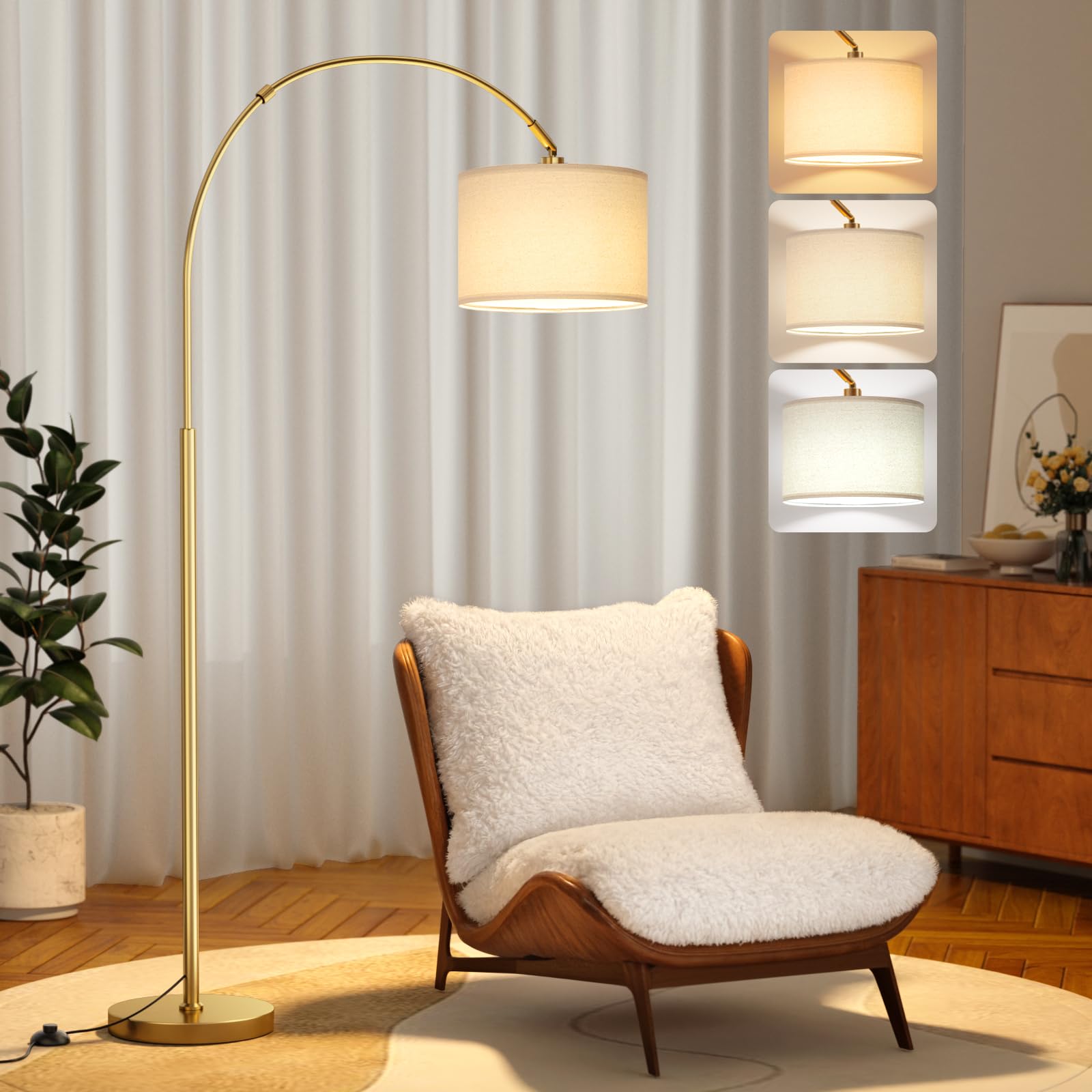 Arc Floor Lamp with Remote, Dimmable 3 Color Temperatures for Living Room Bedroom Office, Bulb Included