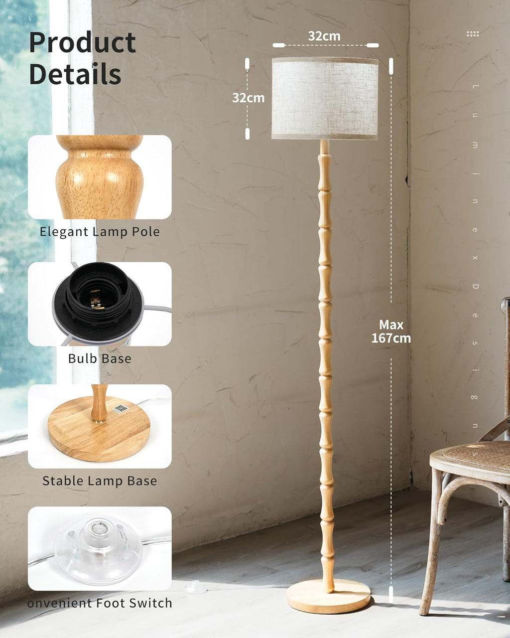 Wood Floor Lamp for Living Room, 167cm Tall Natural Oak Standing Lamp with Beige Linen Shade, E27 Socket, Vintage Boho Rustic Scandinavian, Bedroom and Lounge Corner Light WOVI FL09