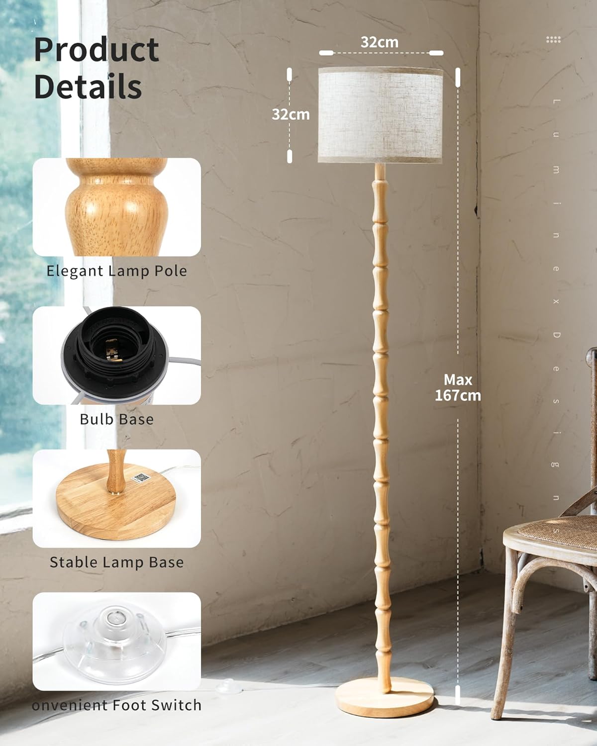 Wood Floor Lamp for Living Room, 167cm Tall Natural Oak Standing Lamp with Beige Linen Shade, E27 Socket, Vintage Boho Rustic Scandinavian, Bedroom and Lounge Corner Light WOVI FL09