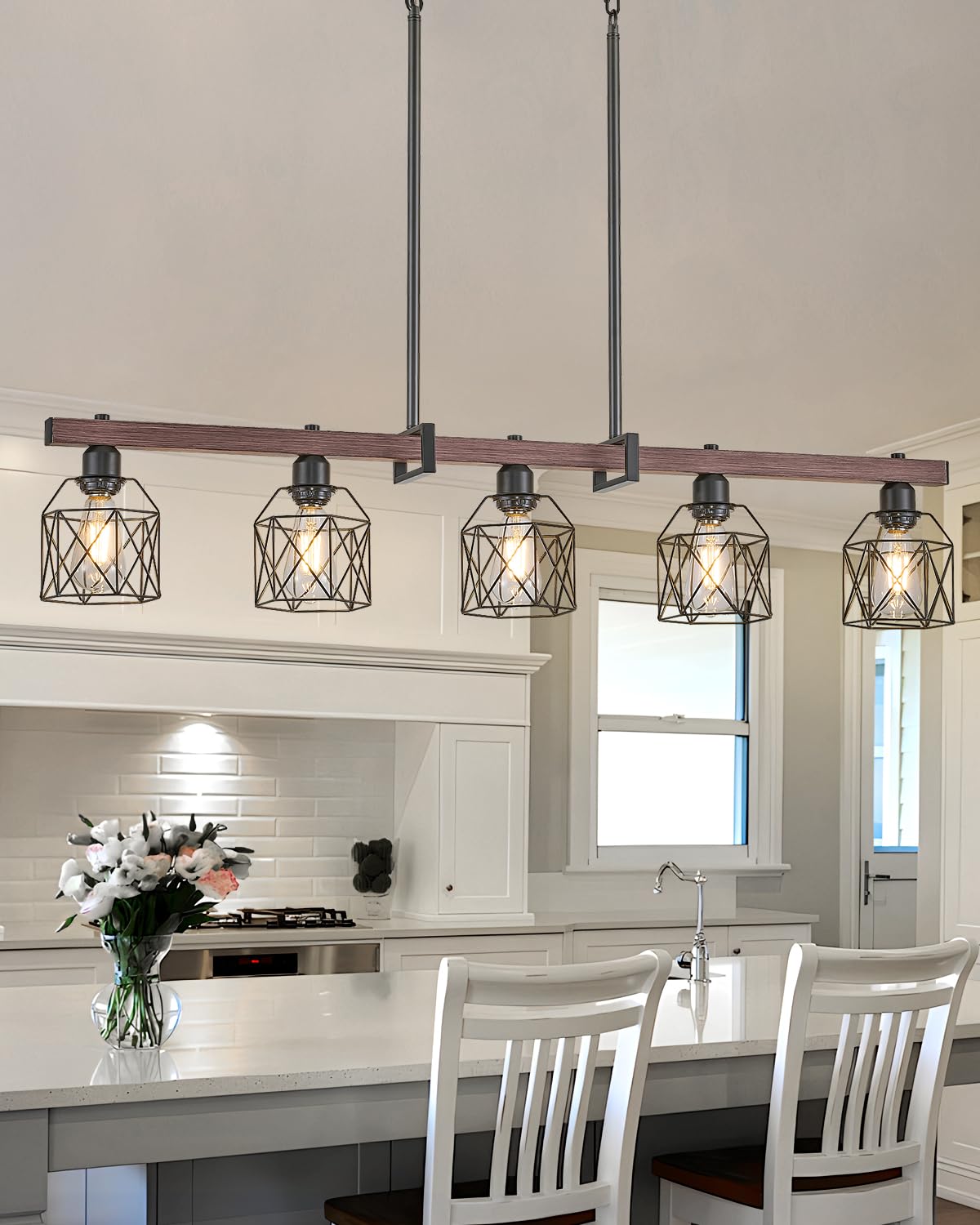 Industrial Pendant Light Fixture, 3-Light Kitchen Island Lighting with Wood Grain Bar and Black Metal Cage, Farmhouse Rustic Hanging Ceiling Lamp for Dining Room, Living Room
