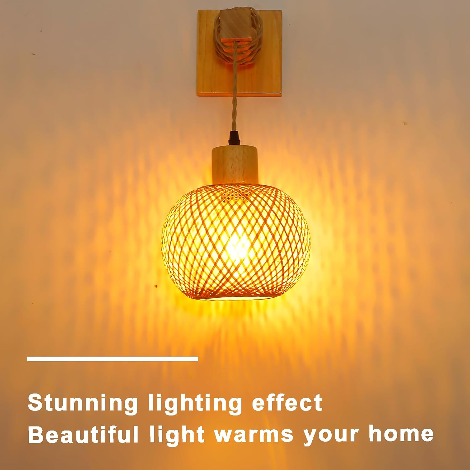 Bamboo Boho Wall Lights,Vintage Nylon Rope Wood Lantern Wall Lights for Living Room E27 Wall Lamp Shade,Hand-Woven Wall Light for Bedroom Hallway Cafe Bar (Without Bulb)