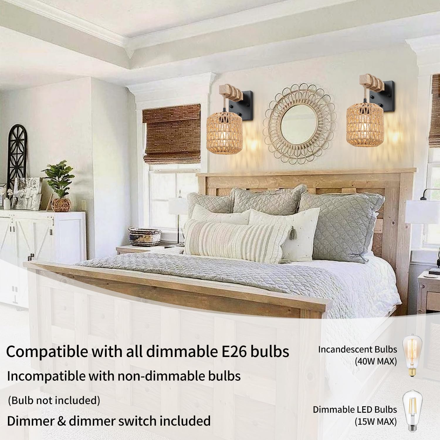 Rattan Boho Wall Sconces Set of Two, Hardwired Hand-Woven Farmhouse Wall Lamps with Wooden Arm & On/Off Dimmable Switch,Large Rustic Indoor Wall Mount Light Fixtures for Bedroom Nursery Bathroom