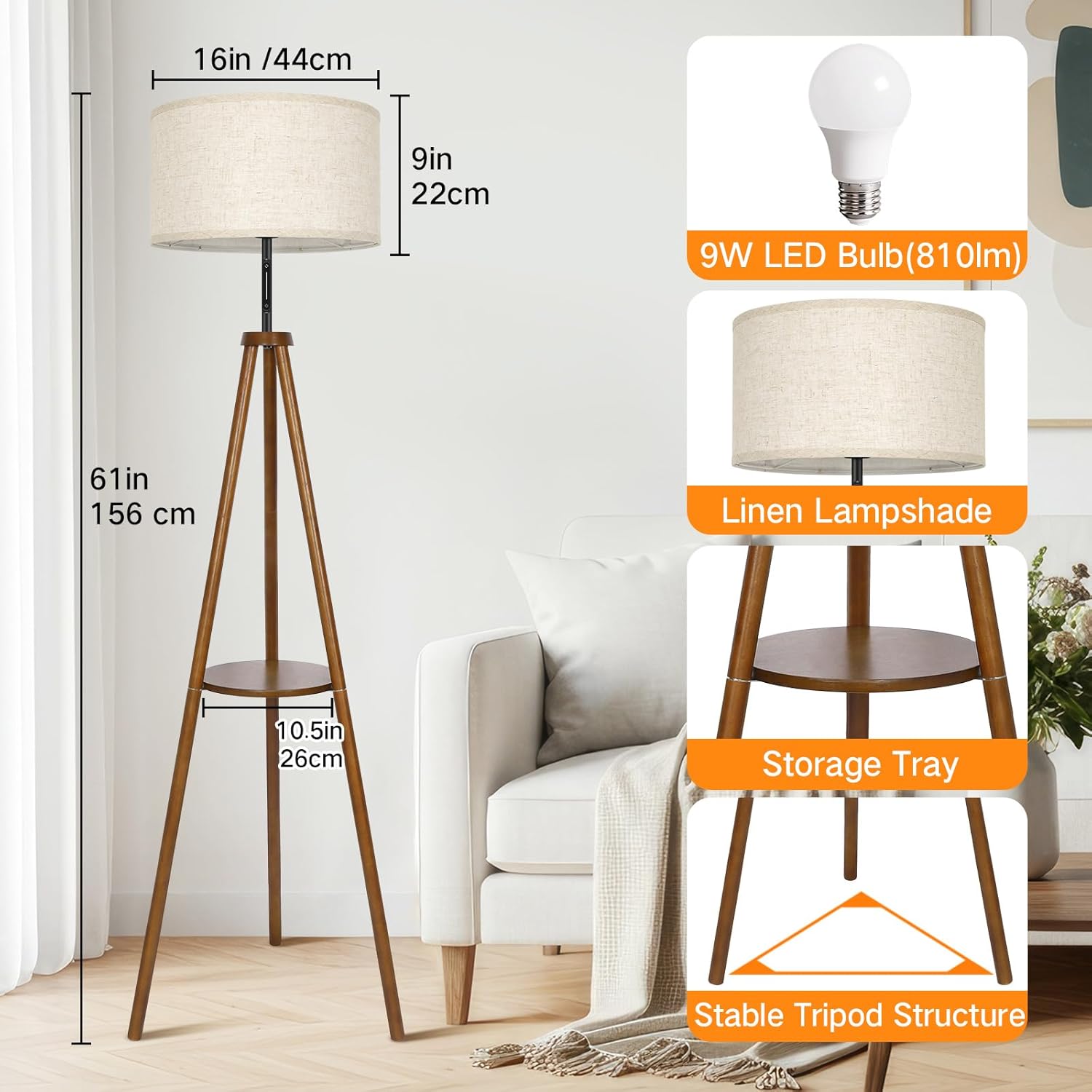 OUTON Solid Wooden Tripod Floor Lamp, Touch Control, Standing Lamp with Remote Control, Dimmable & 4 Color Temperatures, 1H Timer, LED Floor Lamp with Storage Shelf Linen Shade for Living Room Bedroom