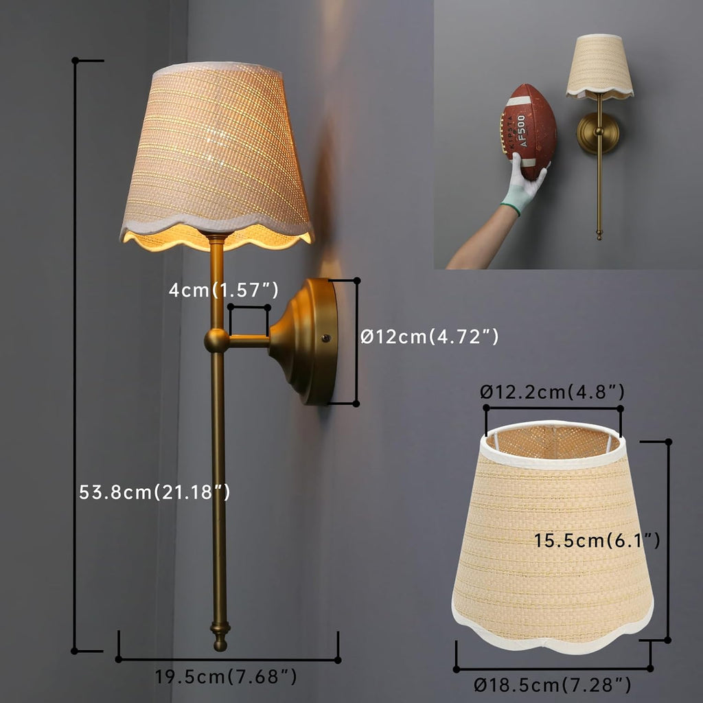 Industrial Vintage Wall Light Sconce, Boho Rattan Shade with Long Arm Antique Brass Wall Mounted Lamp, Rustic Indoor Up and Down Wall Light Fixture for Bedroom Living Room Hallway