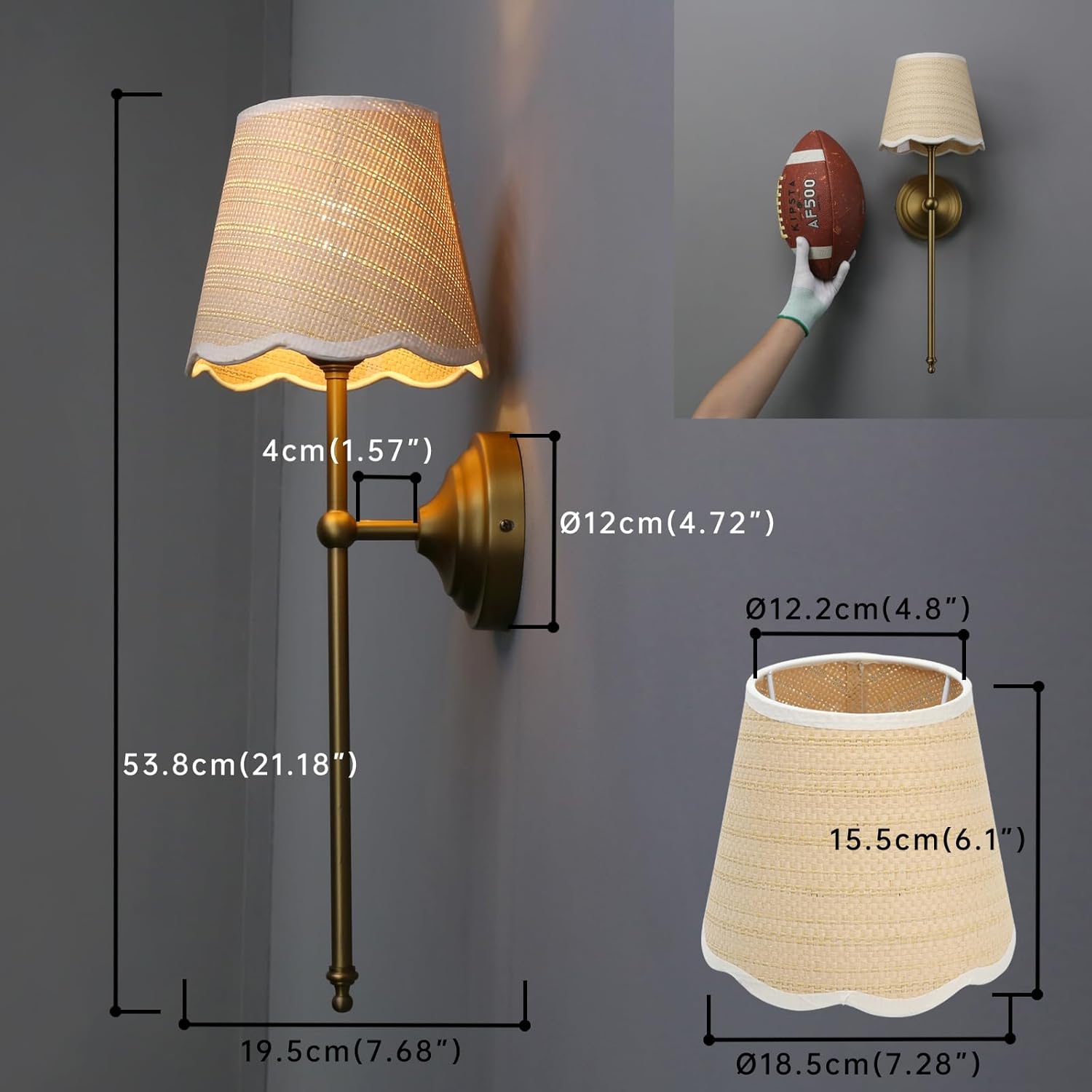 Industrial Vintage Wall Light Sconce, Boho Rattan Shade with Long Arm Antique Brass Wall Mounted Lamp, Rustic Indoor Up and Down Wall Light Fixture for Bedroom Living Room Hallway